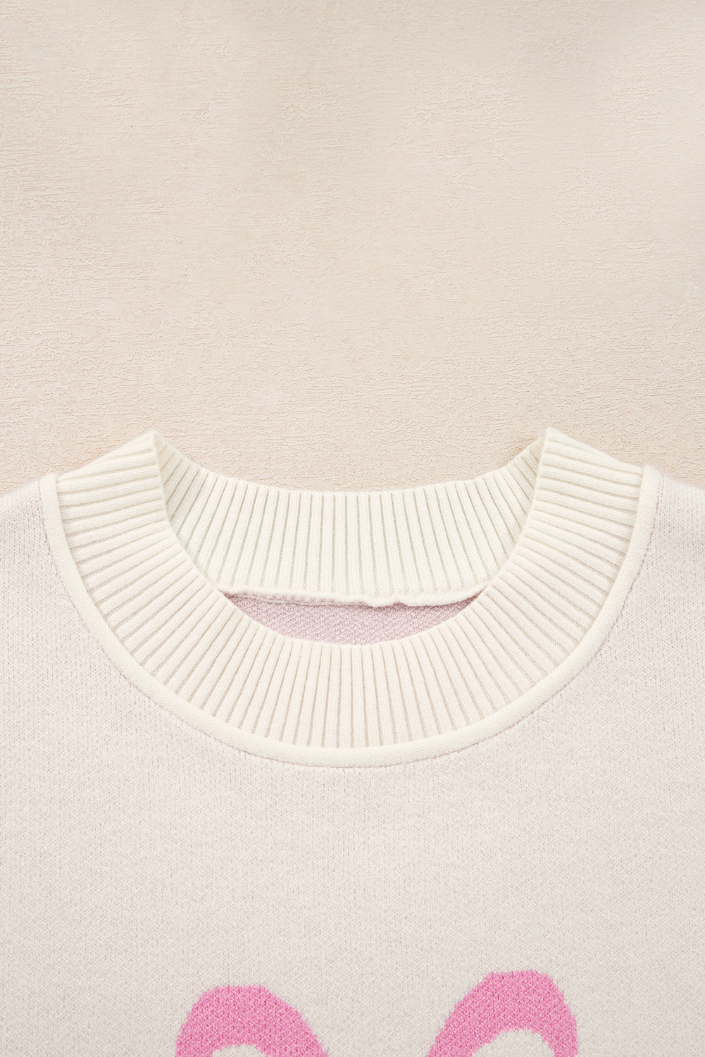 Pink Bow Print Ribbed Trim Exposed Seam Drop Shoulder Loose Sweater - loveforevers
