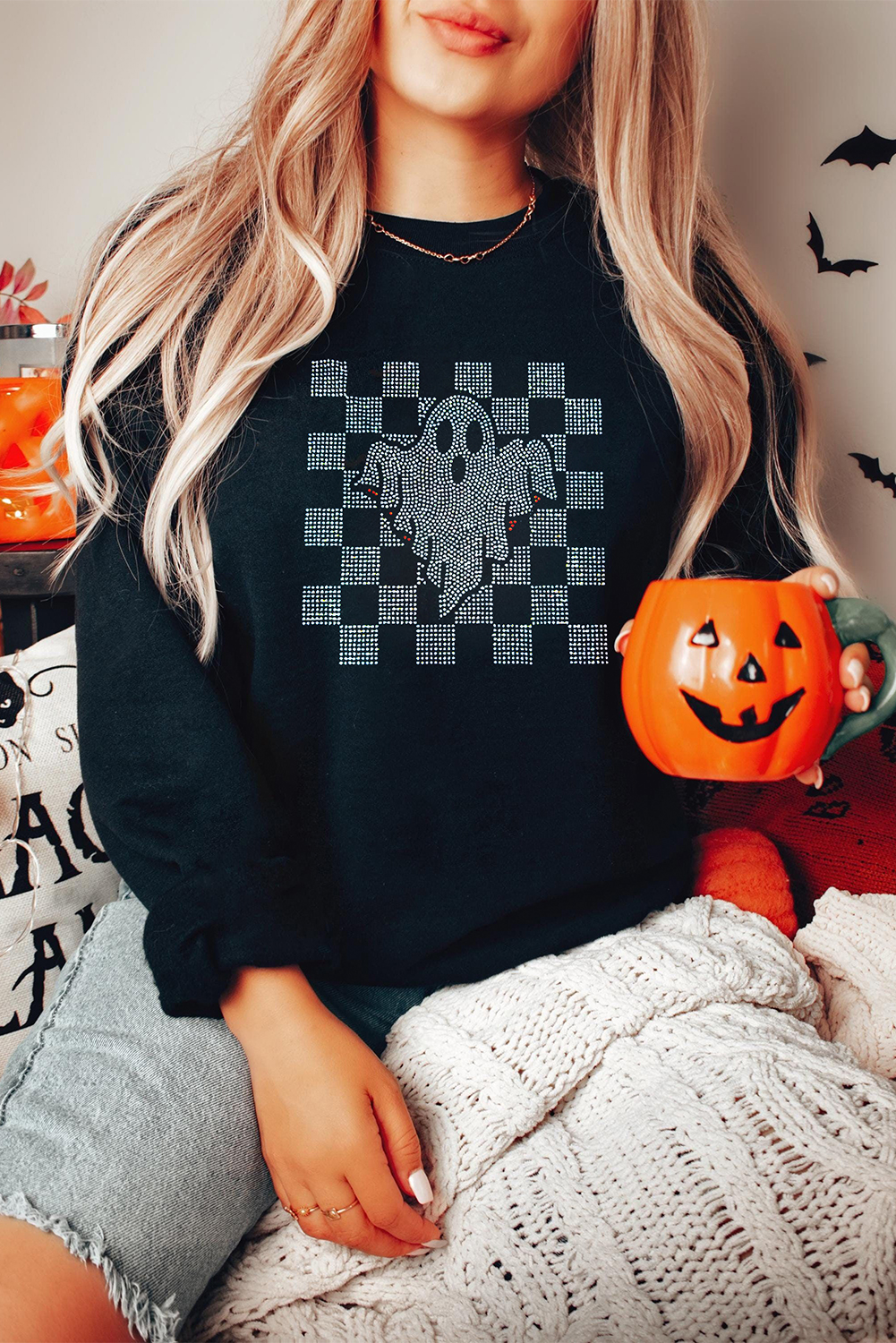 Black Rhinestone Checkered Halloween Ghost Drop Shoulder Sweatshirt - loveforevers