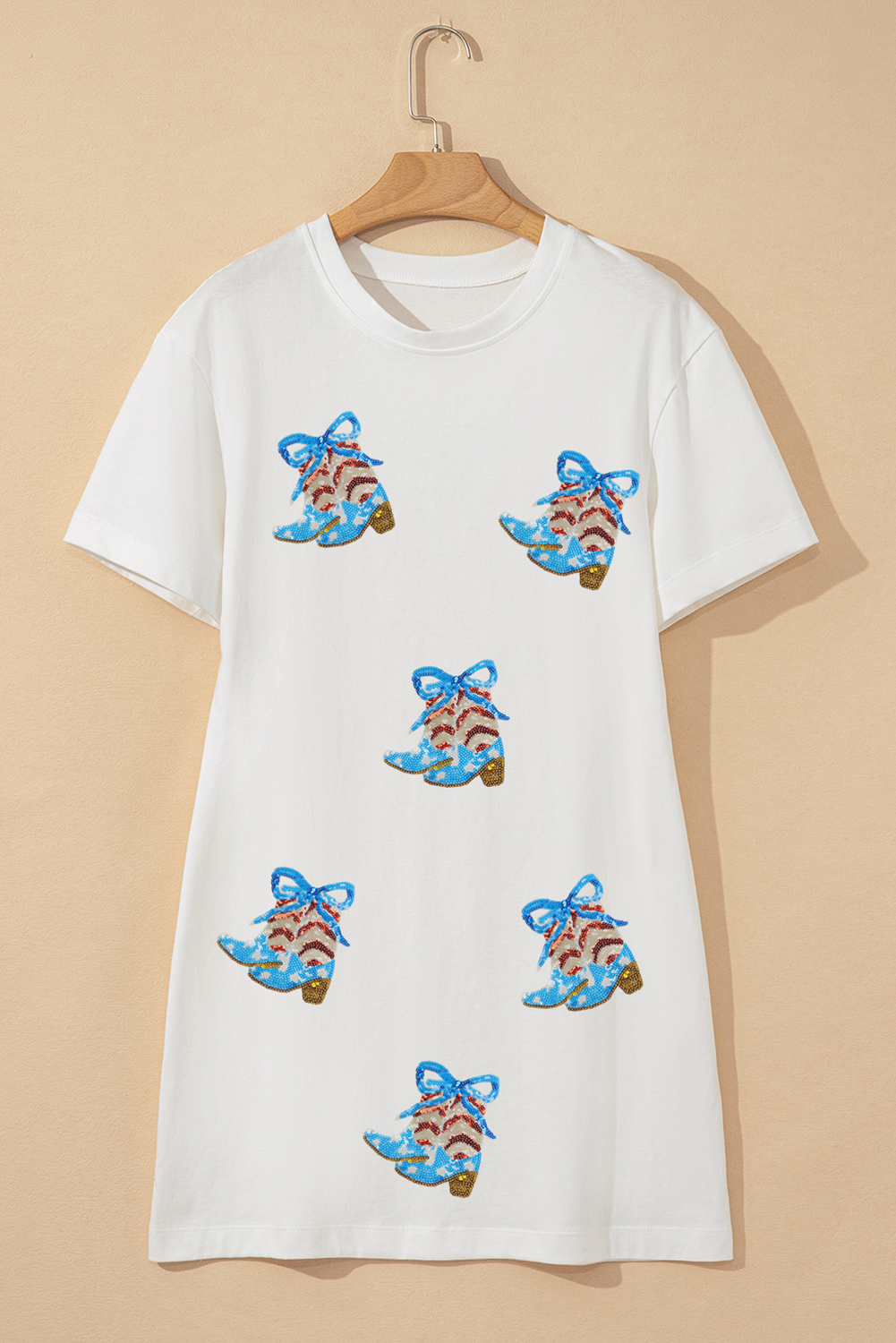White Bow Patriotic Cowgirl Boots Sequin Patch Shift T Shirt Dress - loveforevers