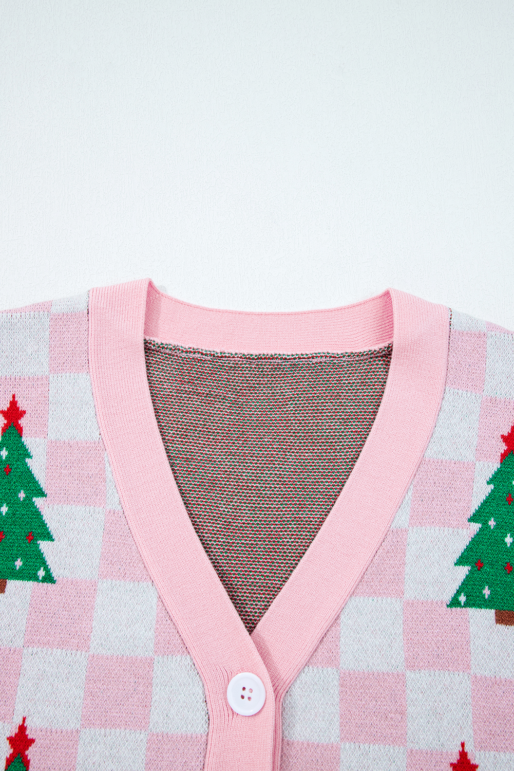 Pink Checkered Christmas Tree Pattern Button V Neck Cardigan Sweater - loveforevers