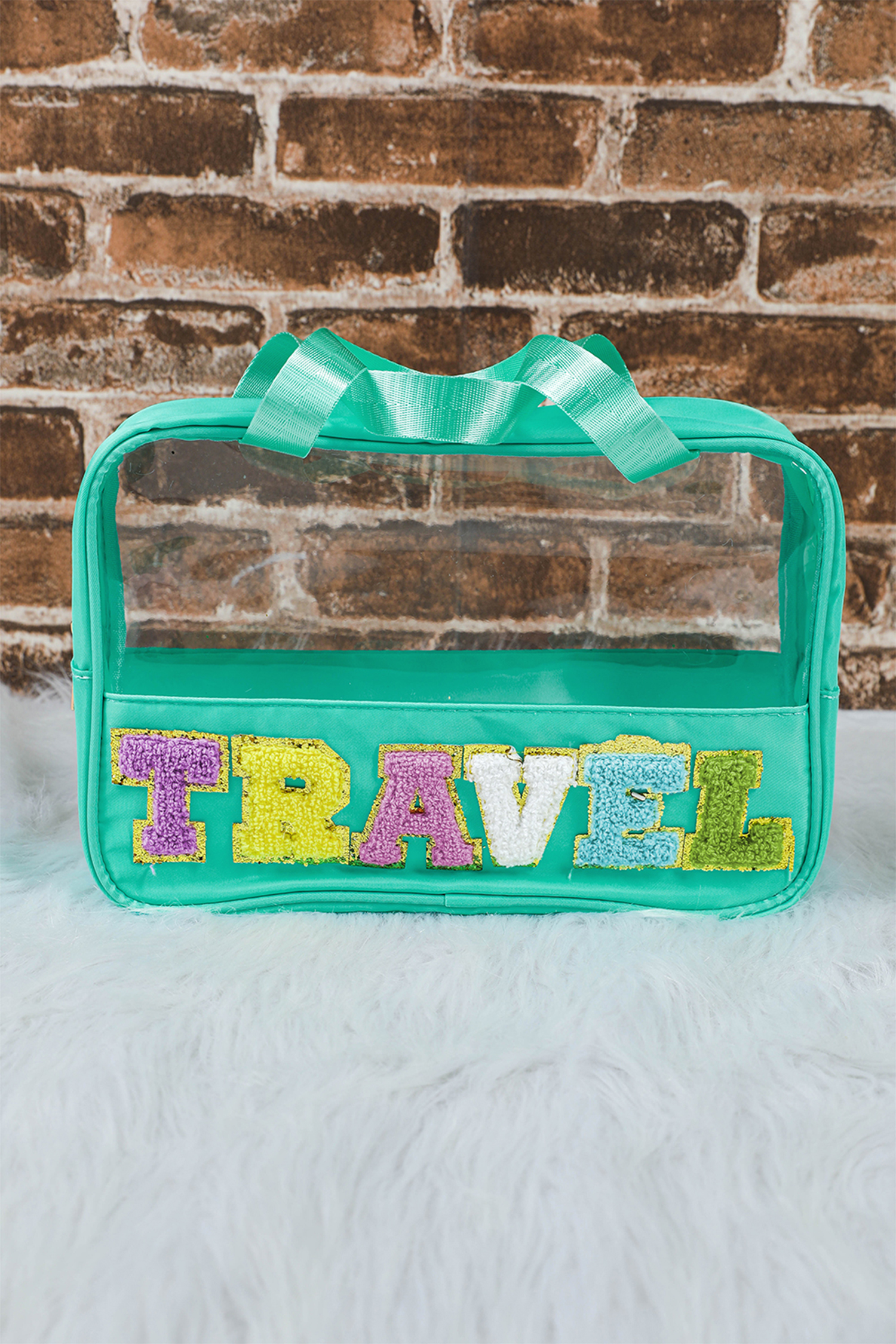 Light Pink TRAVEL Chenille Letter Clear PVC Makeup Bag - loveforevers