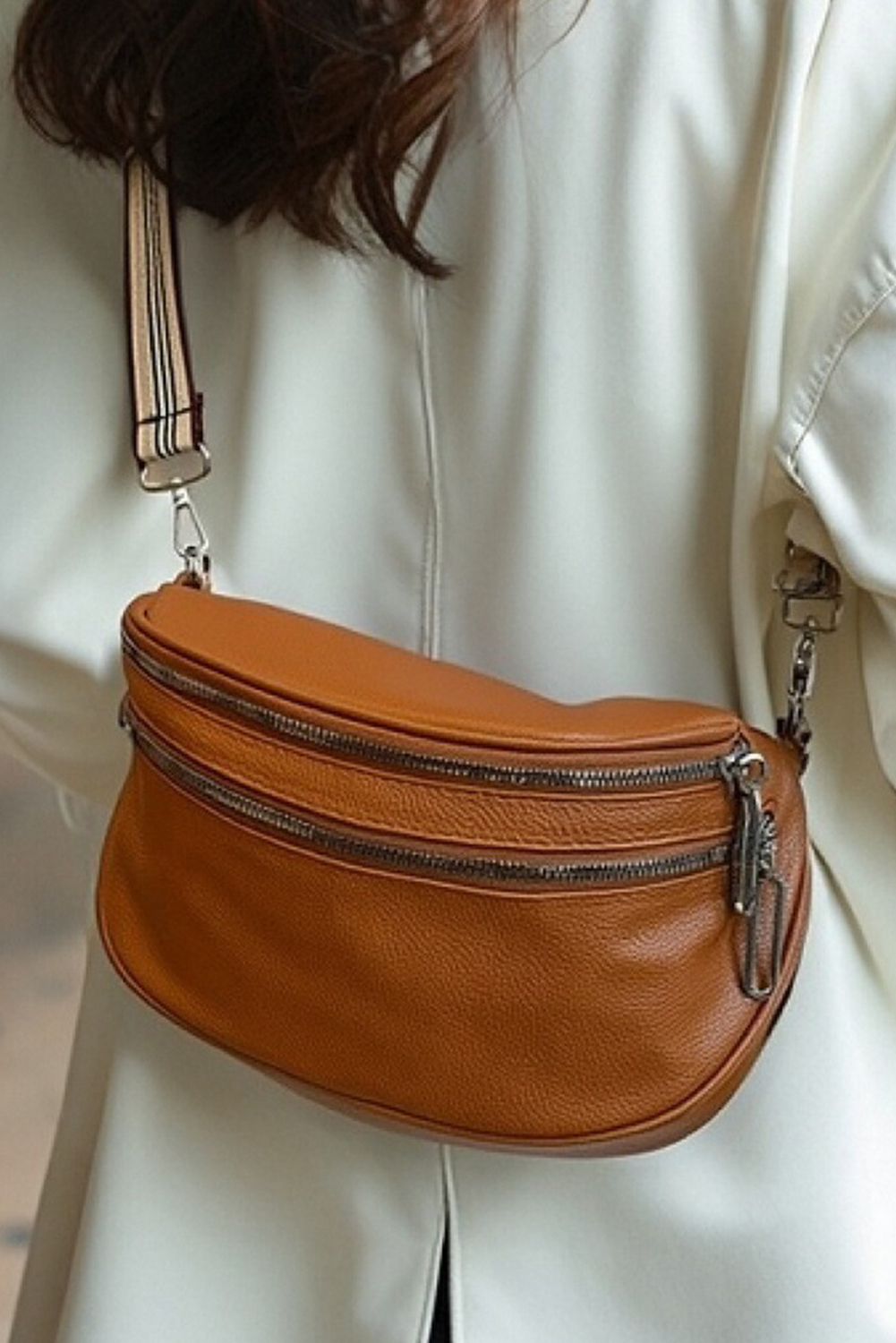 Chestnut PU Leather Double Zipper Crossbody Bag - loveforevers