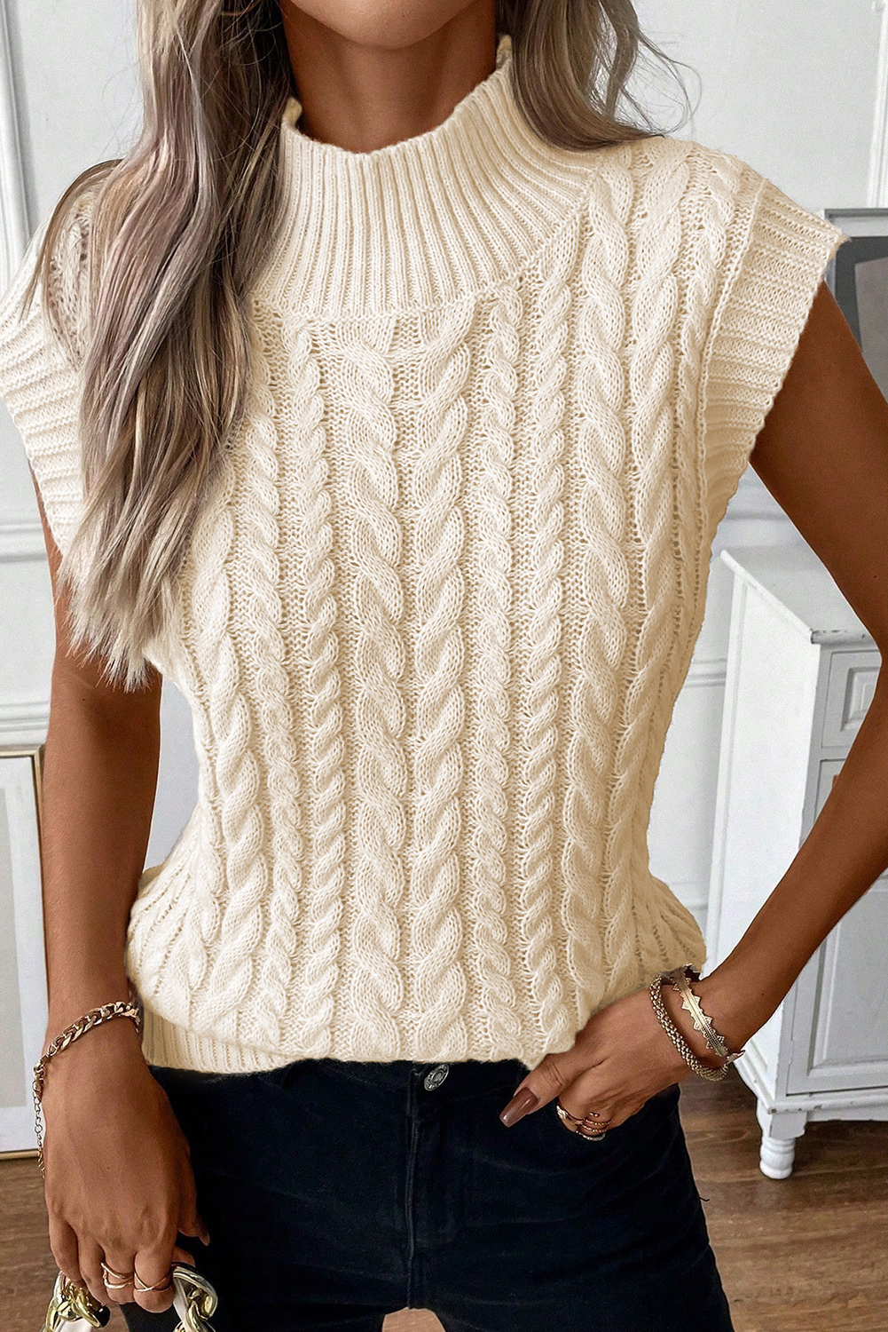 Oatmeal Cable Knit High Neck Sweater Vest - loveforevers