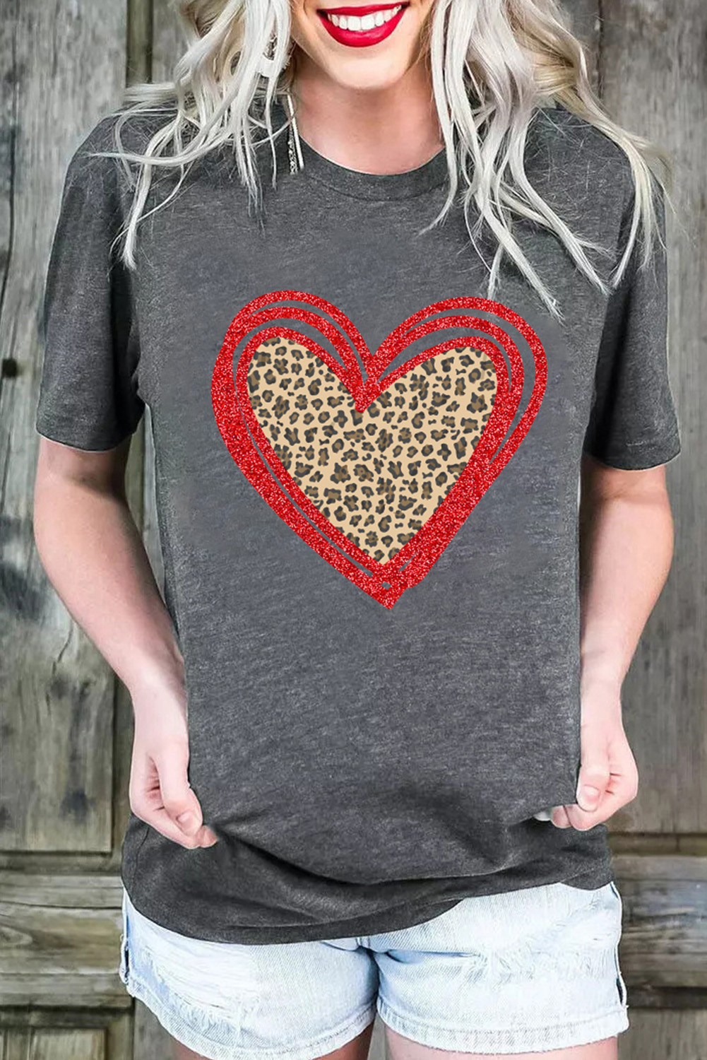 Gray Sequin Leopard Heart Graphic T-shirt - loveforevers