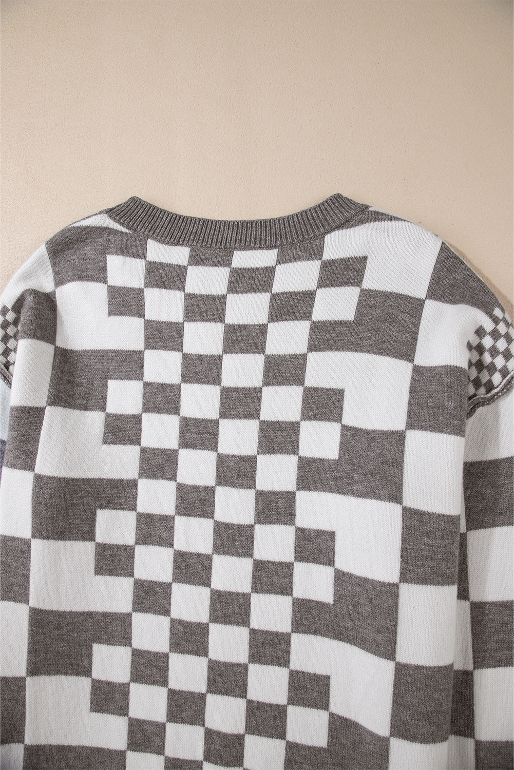 Khaki Checkered Print Drop Shoulder Round Neck Sweater - loveforevers