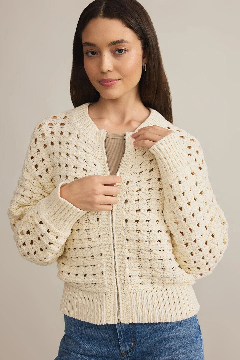 Beige Hollowed Pattern Knit Zip Up Drop Shoulder Sweater Cardigan - loveforevers