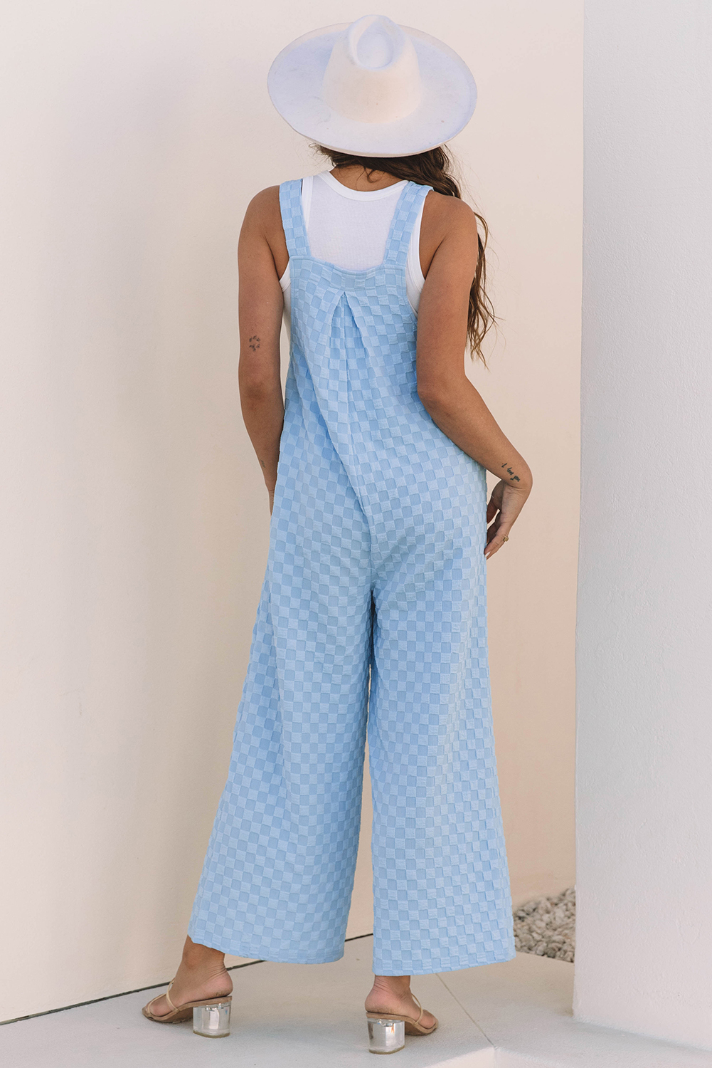 Beau Blue Checkered Pocketed High Waist Wide Leg Overall - loveforevers