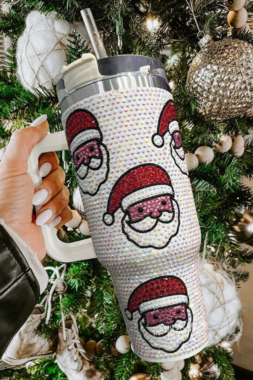 White Christmas Santa Claus Diamond Thermos Cup with Straw 40oz - loveforevers
