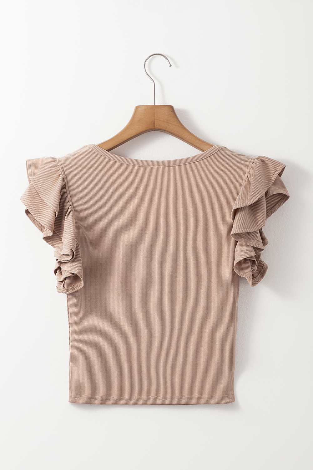 Smoke Gray Ribbed Knit Ruffled Shoulder Slim Fit Tank Top - loveforevers