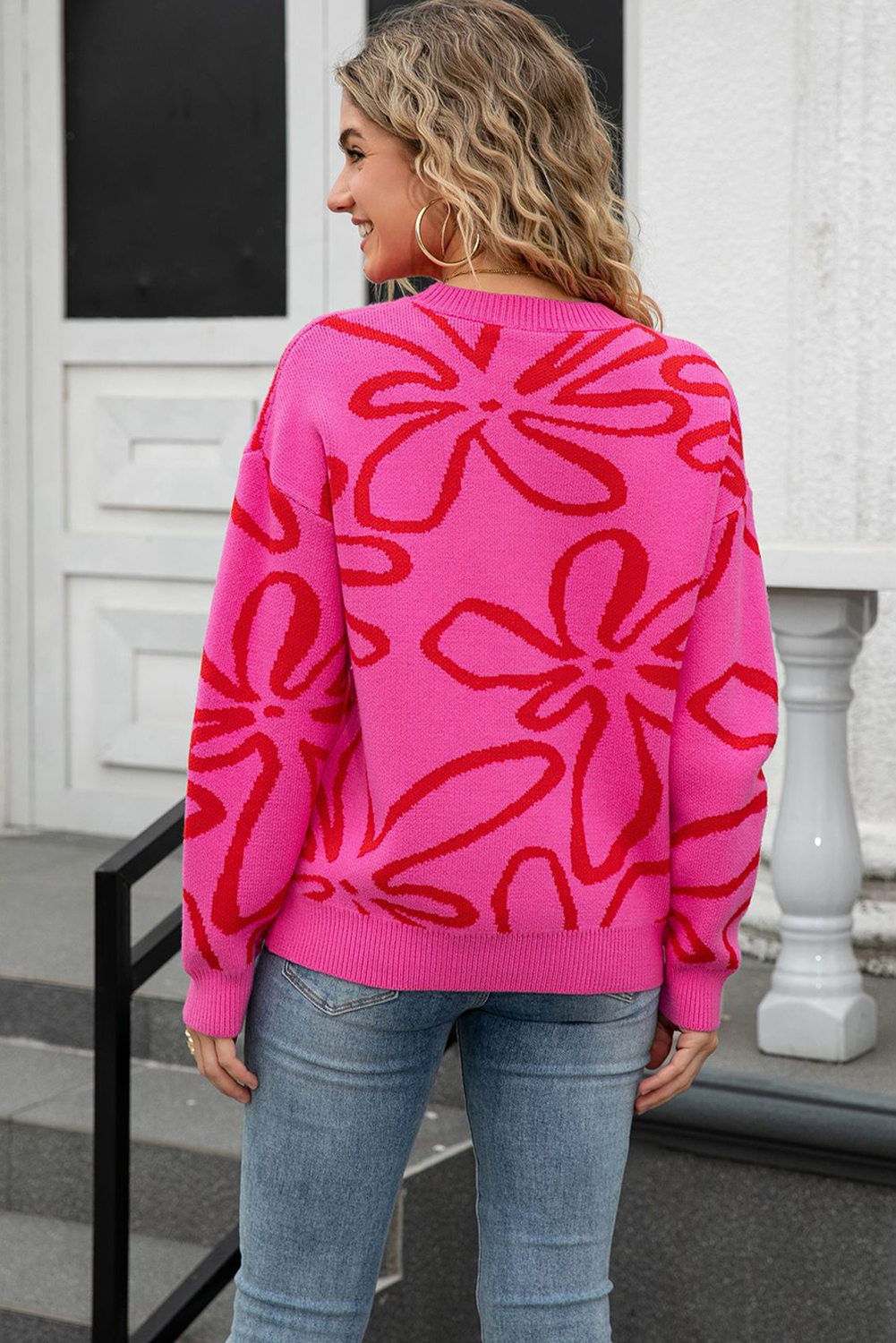 Apricot Flower Pattern Ribbed Crew Neck Drop Shoulder Knit Sweater - loveforevers
