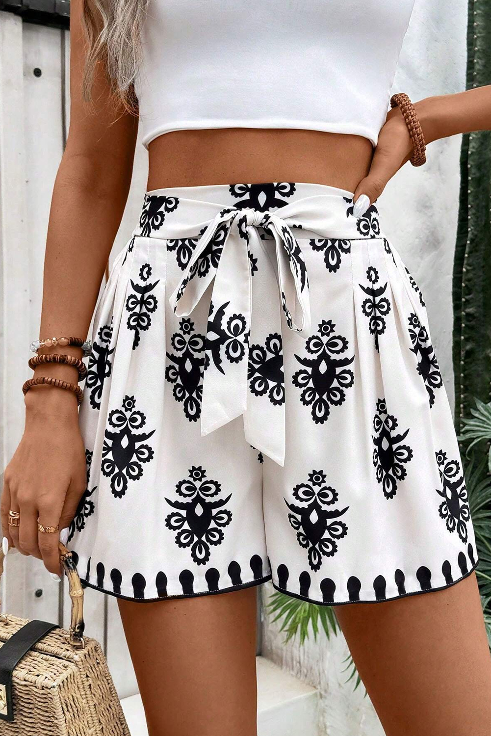 Beige Geometric Printed Sleeveless Hollowed Bowknot Back Mini Dress - loveforevers