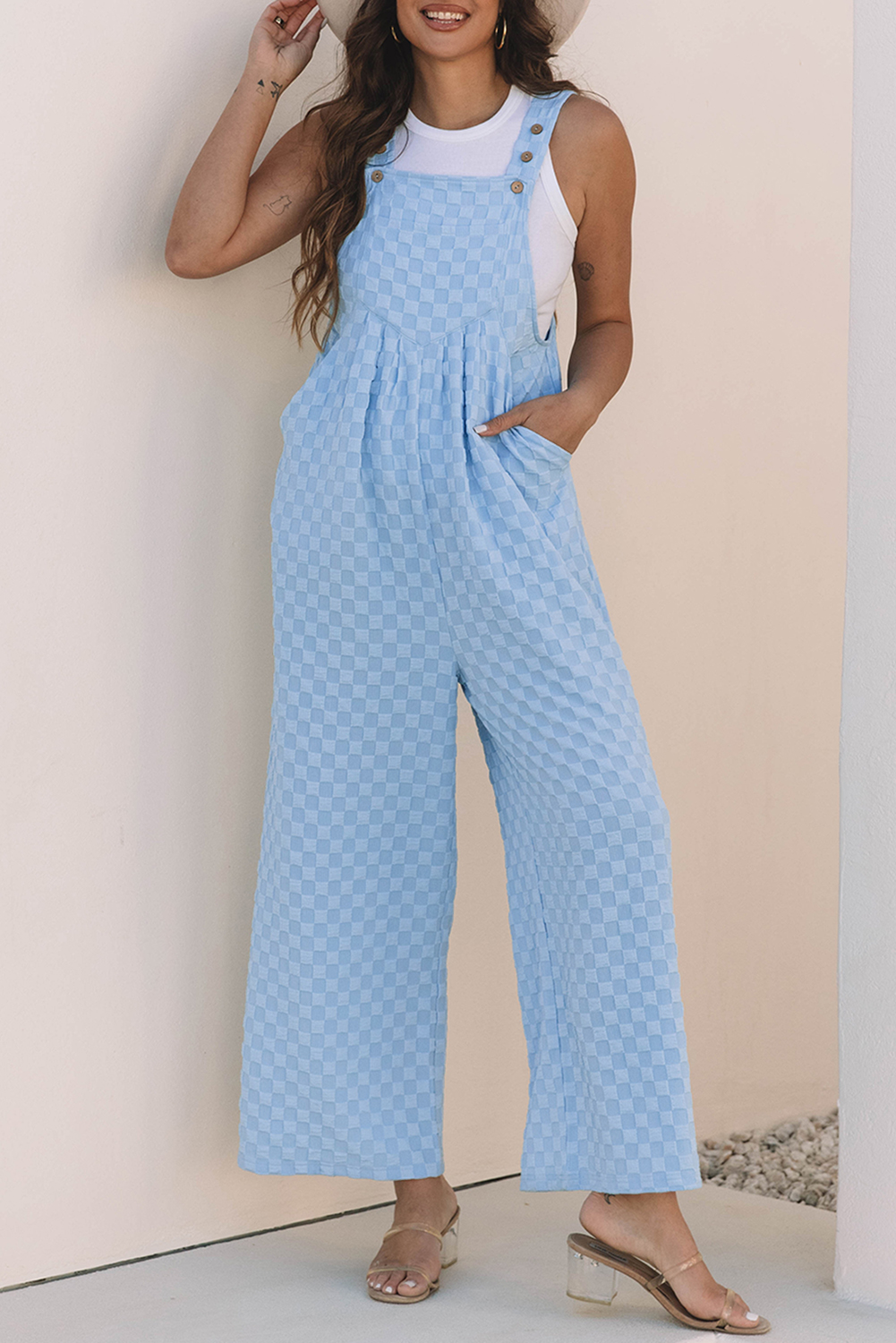 Beau Blue Checkered Pocketed High Waist Wide Leg Overall - loveforevers