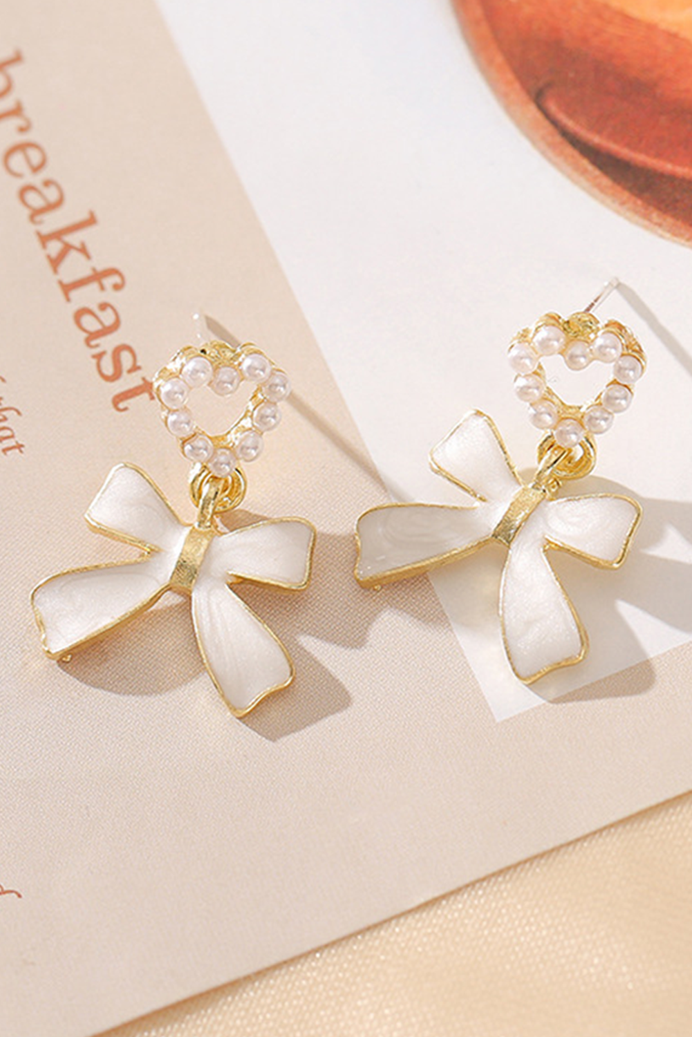 Gold Pearled Heart Shape Bow Knot Dangle Earrings - loveforevers