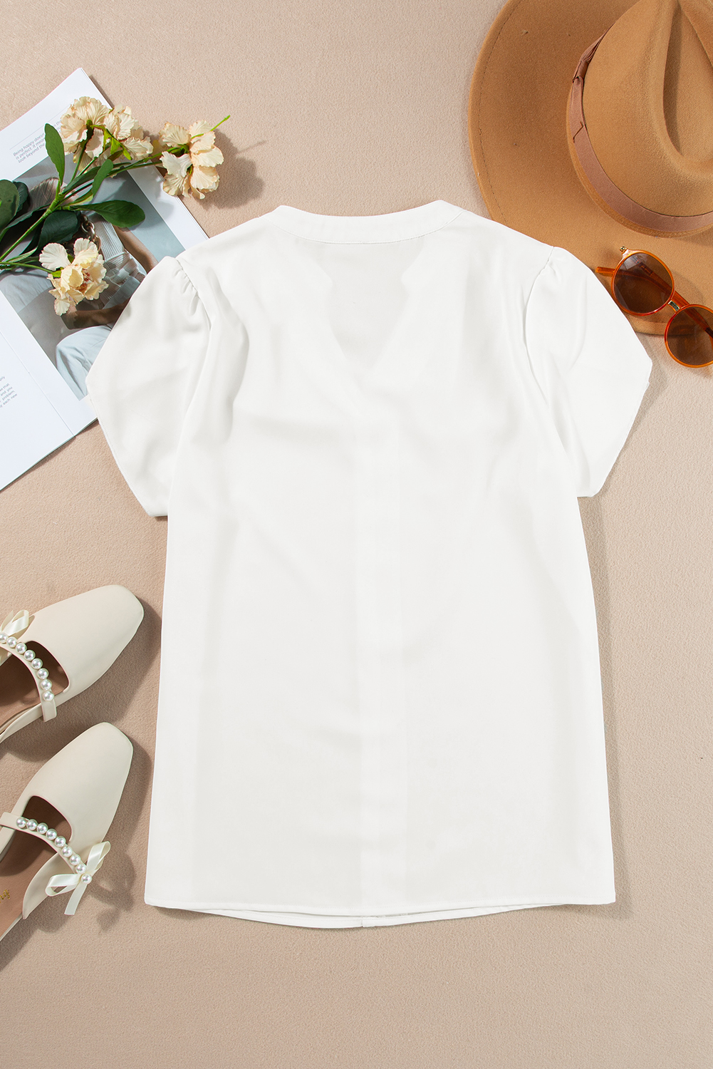 Black Silky Notched Neckline Petal Sleeve Blouse - loveforevers