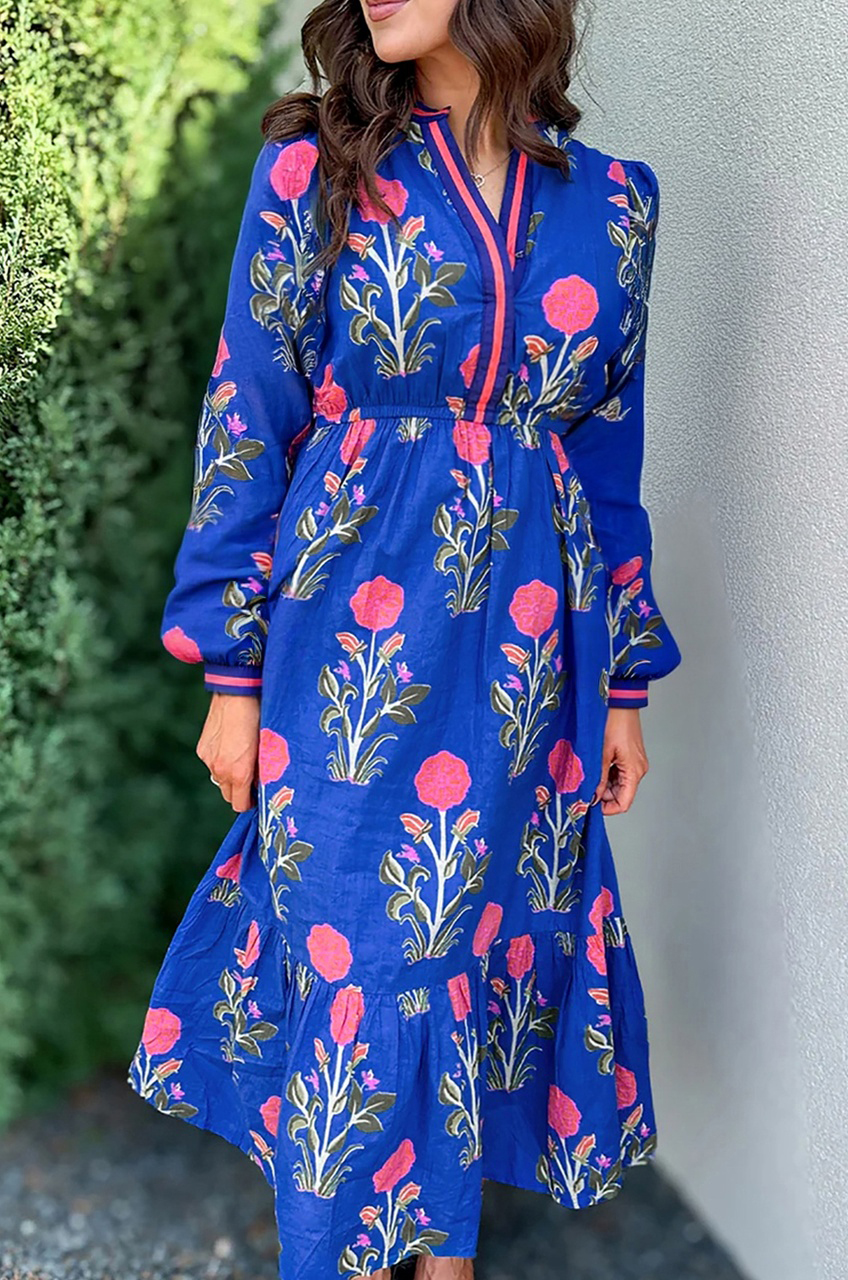 Blue Floral Print Striped Trim Split Neck Long Sleeve Ruffle Hem Midi Dress - loveforevers