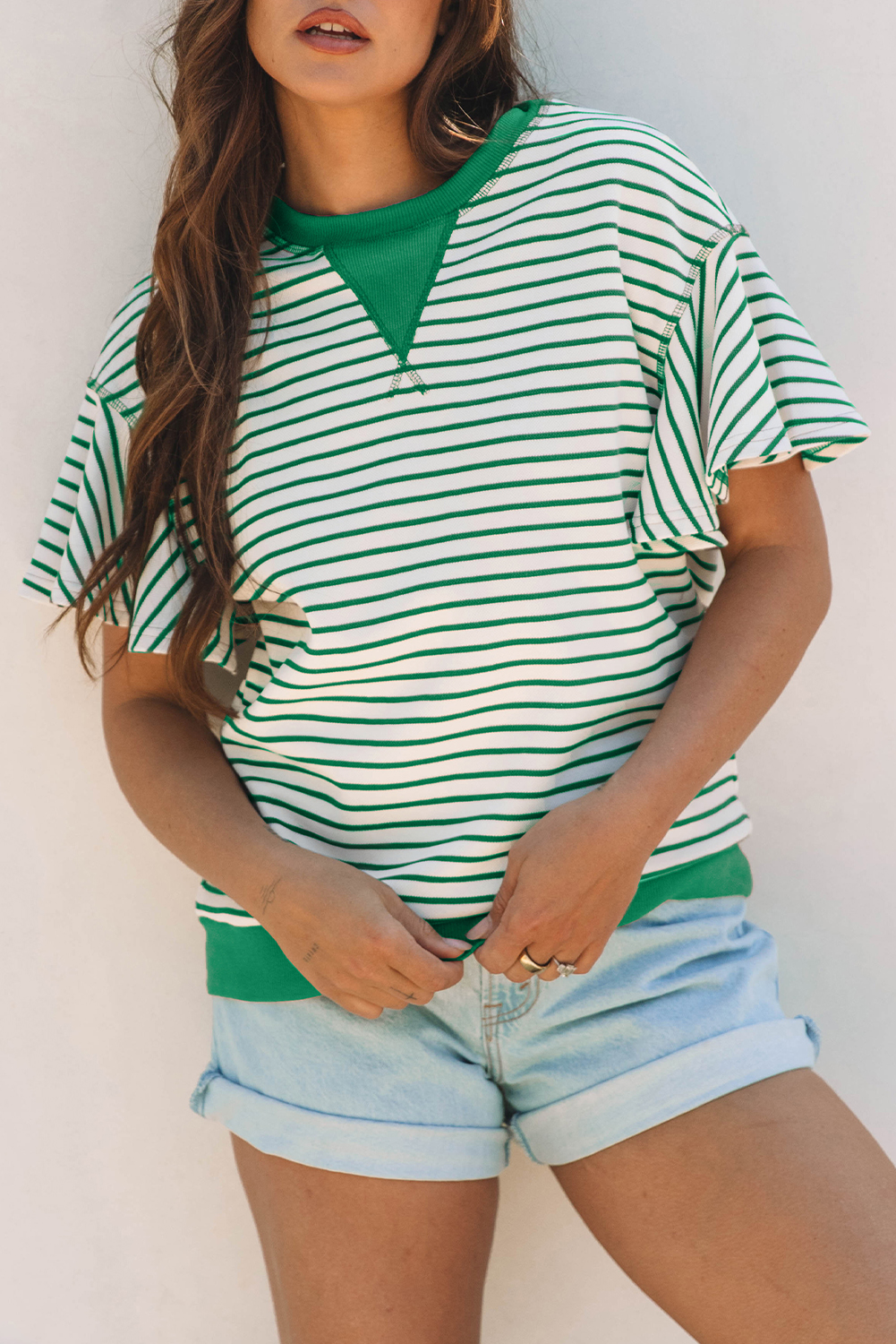 Bright Green Contrast Detail Striped Ruffle Short Sleeve Top - loveforevers