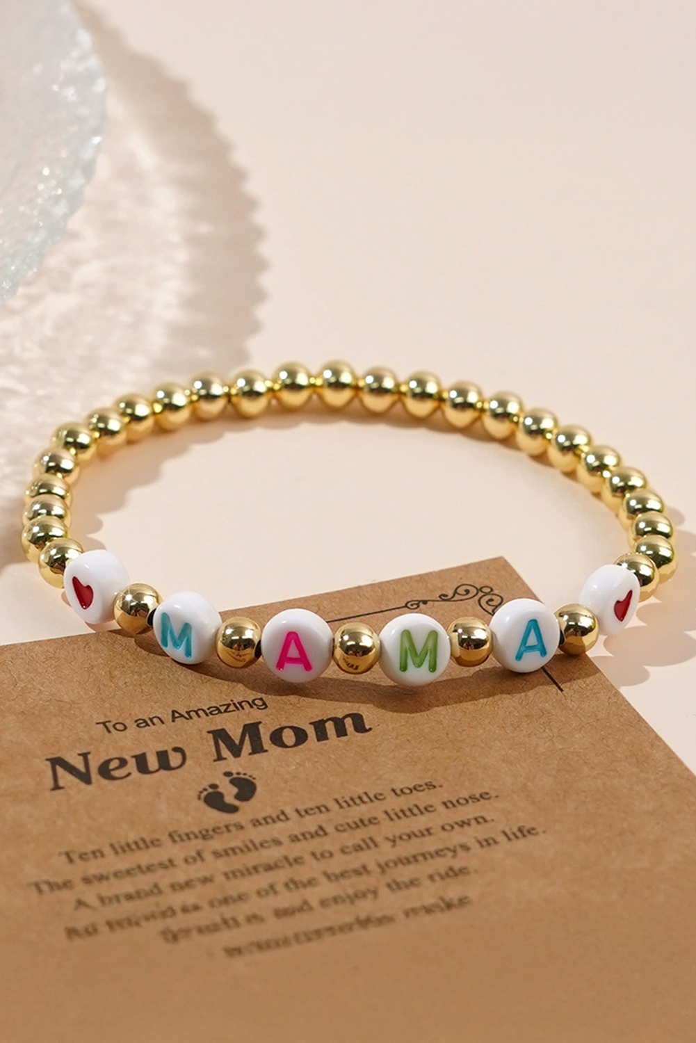Gold MAMA Heart Beaded Elastic Bracelet - loveforevers