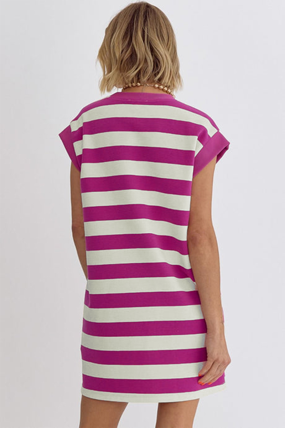 Rose Stripe Cap Sleeve Pocketed Shift T-shirt Dress - loveforevers