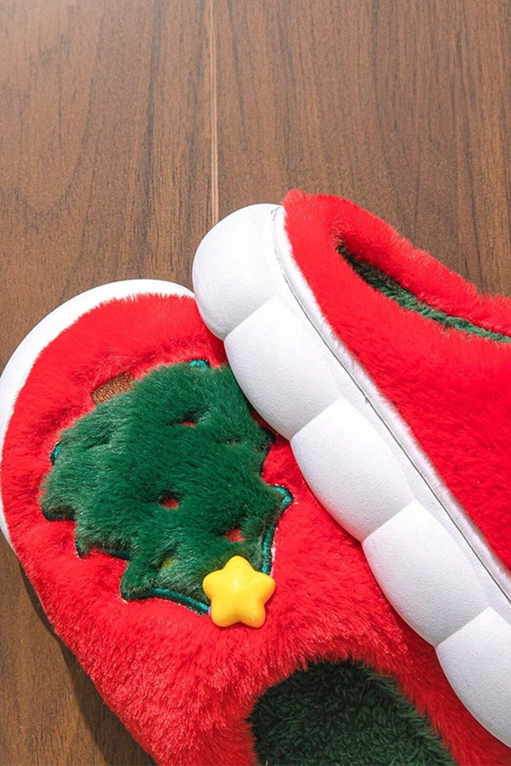 Fiery Red Christmas Tree Graphic Thick Sole Plush Slippers - loveforevers