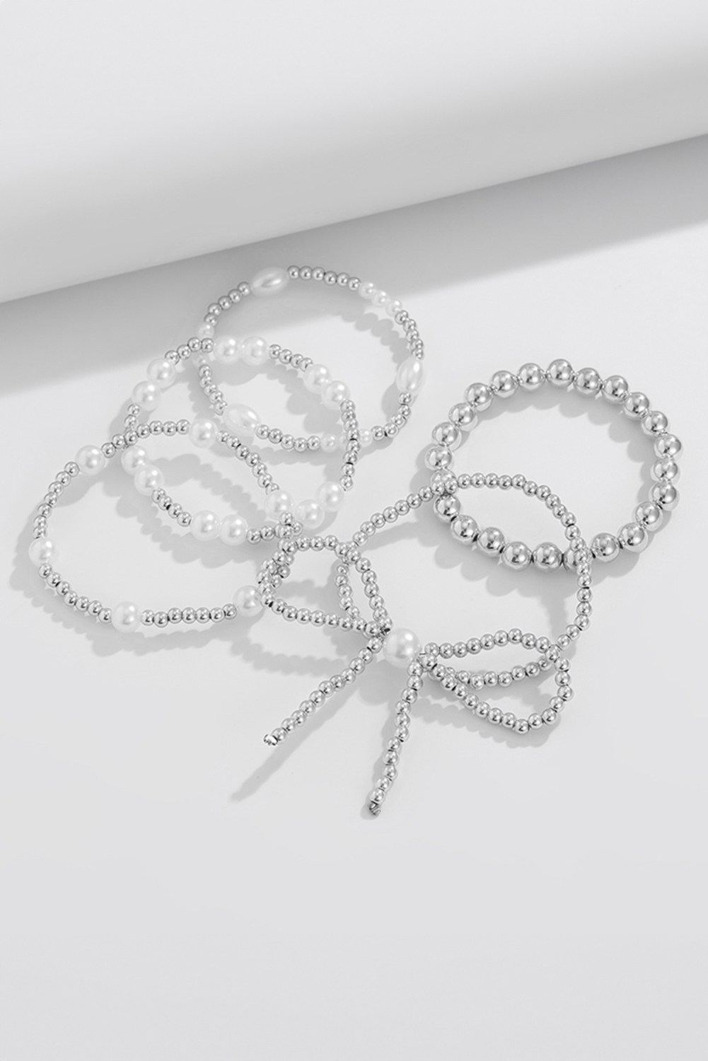 Silvery Bow Knot Pearl Beaded Multi Layered Bracelet Set - loveforevers