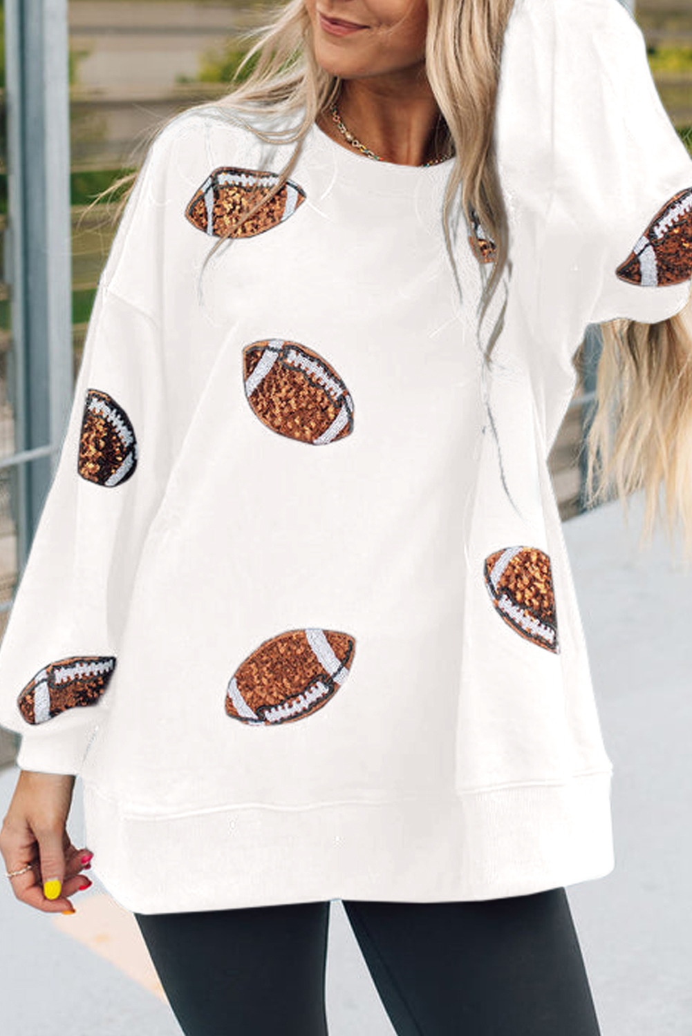Beige Sequin Rugby Football Patched Pattern Crewneck Game Day Sweatshirt - loveforevers