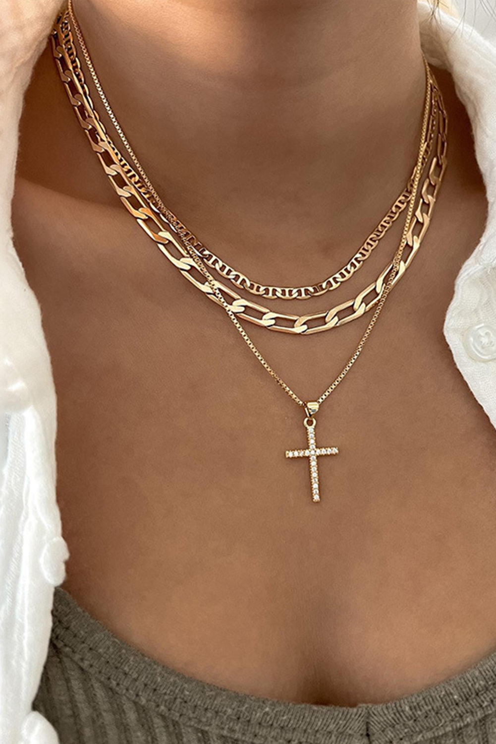 Gold Plated Cross Pendant Multi Layer Stacked Chains Necklace - loveforevers