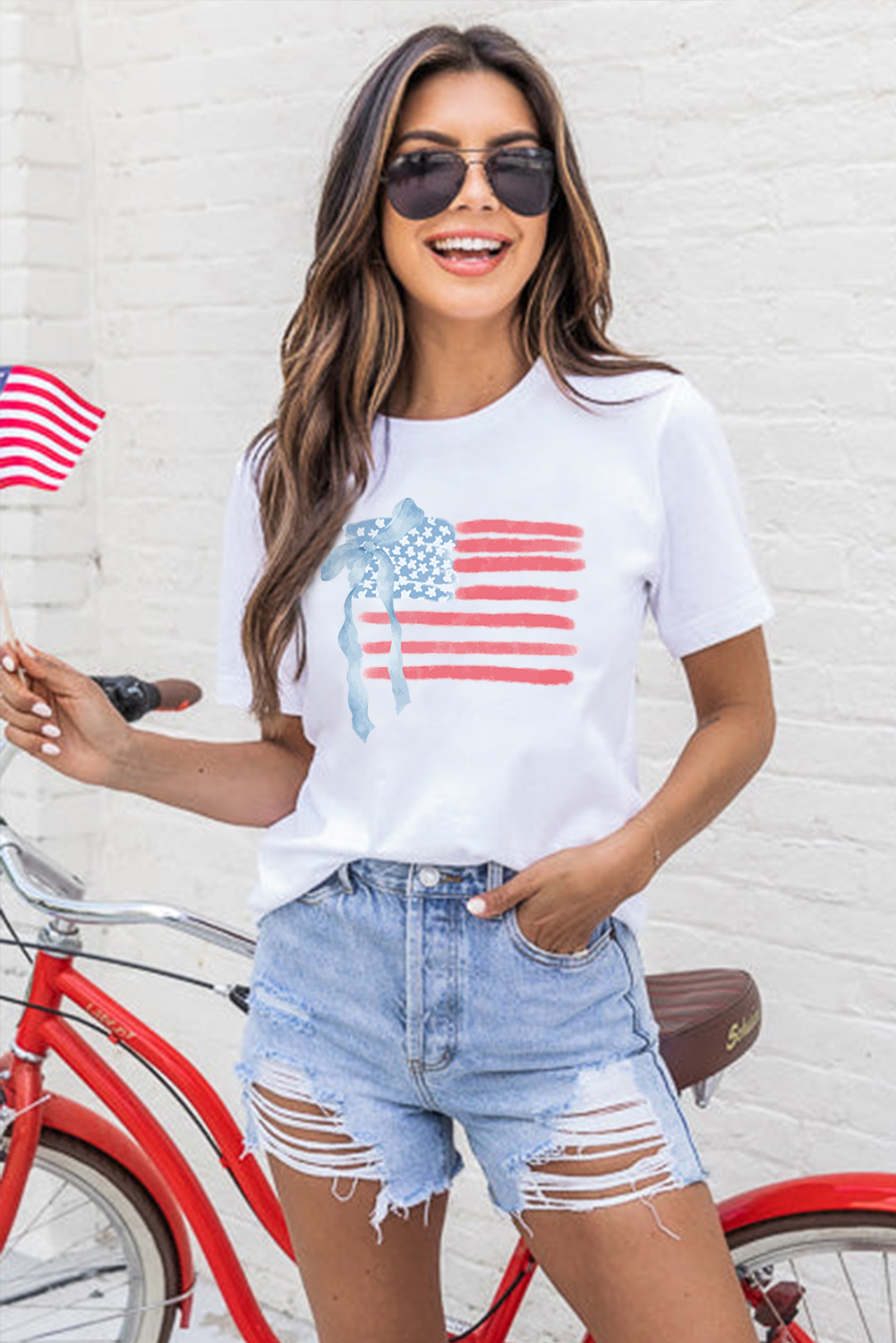 White American Flag Bow Knot Print Crew Neck T Shirt - loveforevers