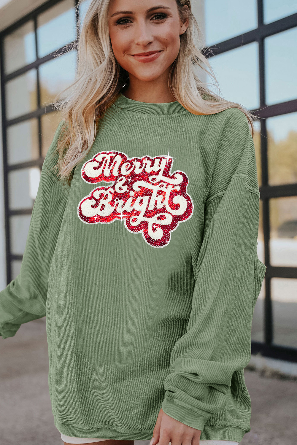 Grass Green Merry & Bright Sequin Ribbed Crew Neck Sweatshirt - loveforevers