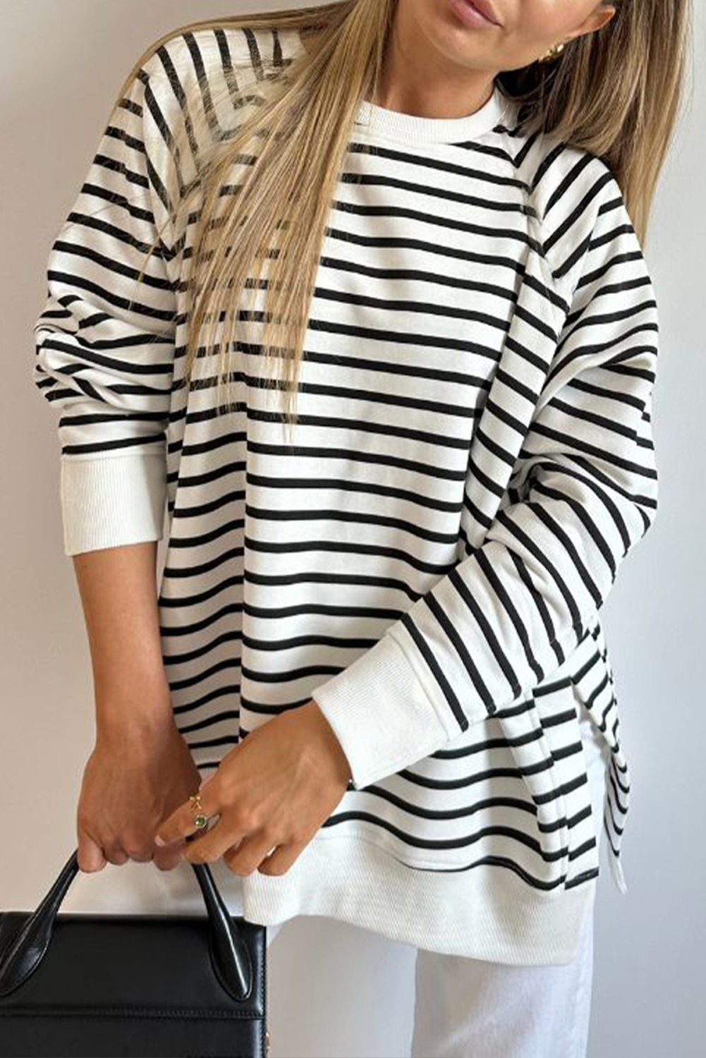Black Stripe Raglan Sleeve Side Slits Loose Sweatshirt - loveforevers