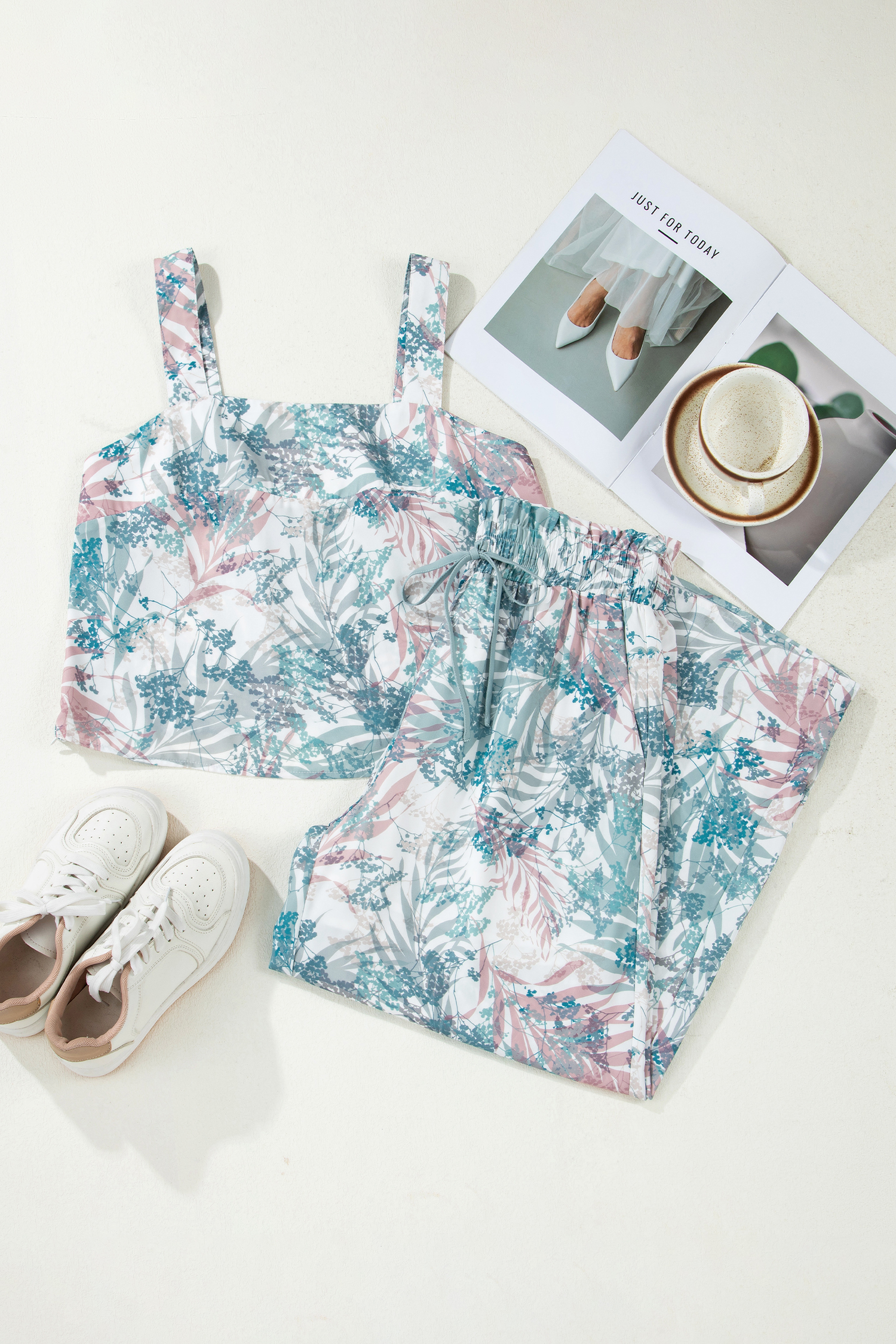 Green Tropical Palm Printed Cropped Tank Drawstring Wide Leg Pant Set - loveforevers