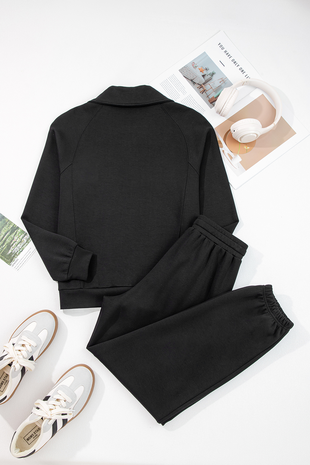 Black Zip Collar Long Sleeve Top Drawstring Pants Set - loveforevers