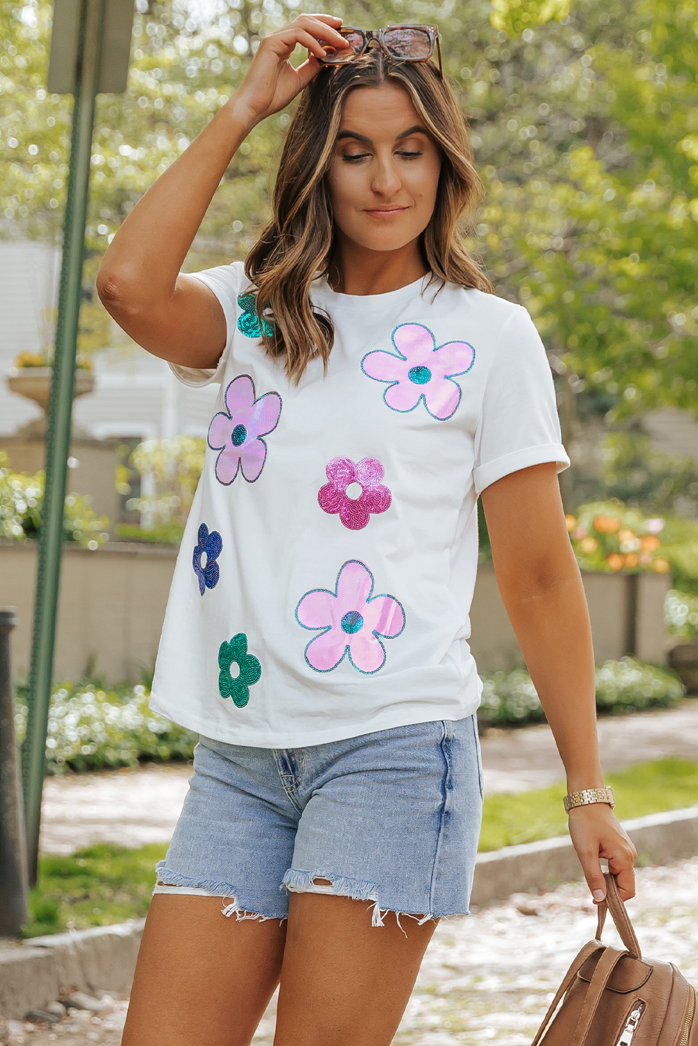 White Sequined Flower Pattern Round Neck T Shirt - loveforevers