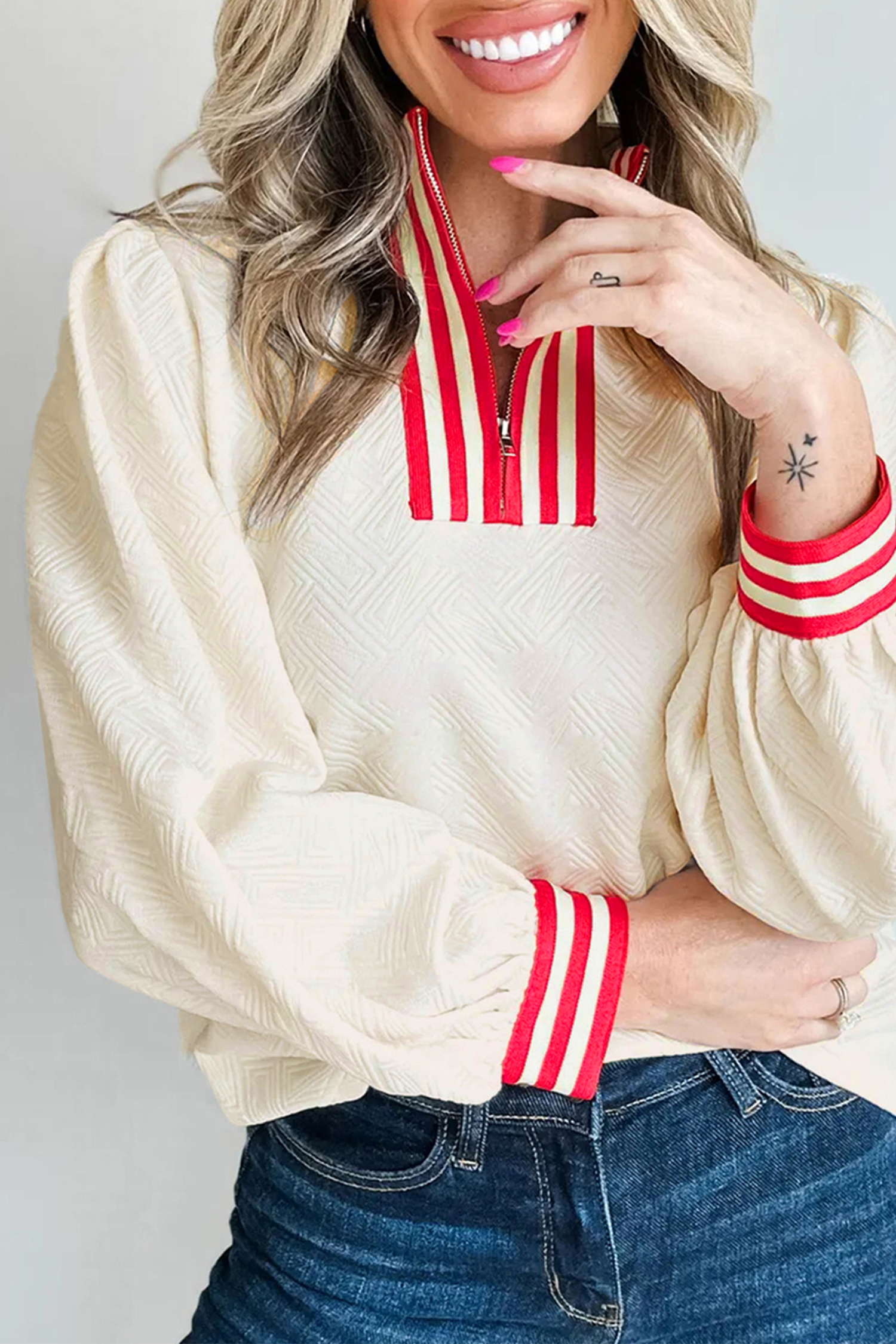 White Textured Knit Contrast Striped Accent Zipped Collar Pullover Top - loveforevers
