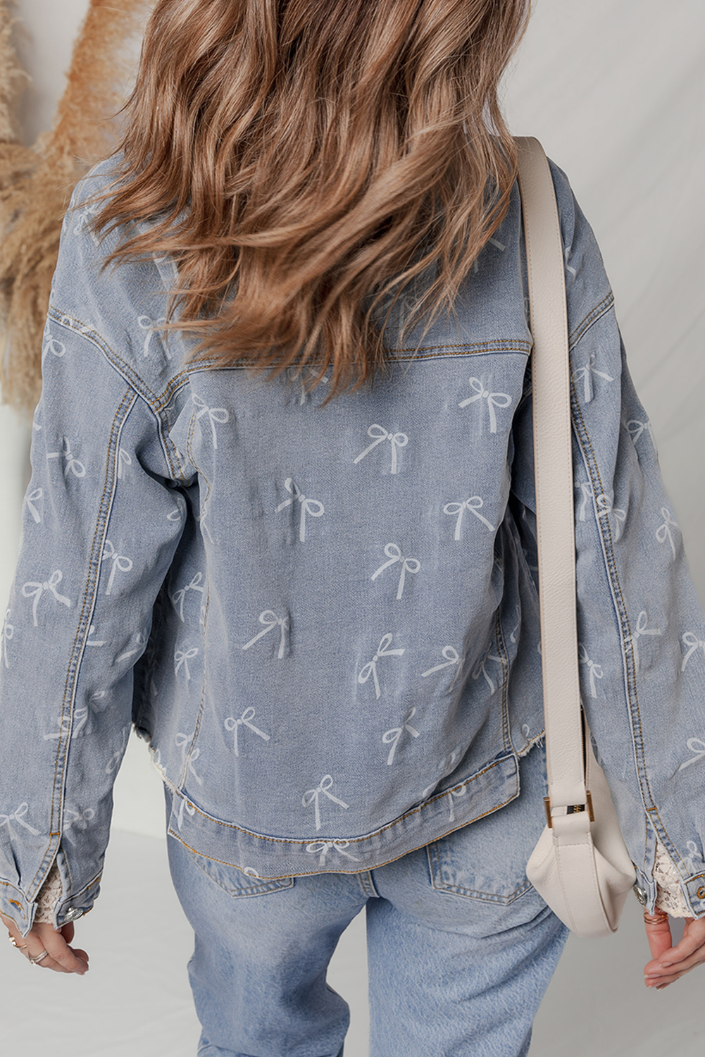 Sky Blue Bow Knot Print Light Wash Raw Hem Denim Jacket - loveforevers
