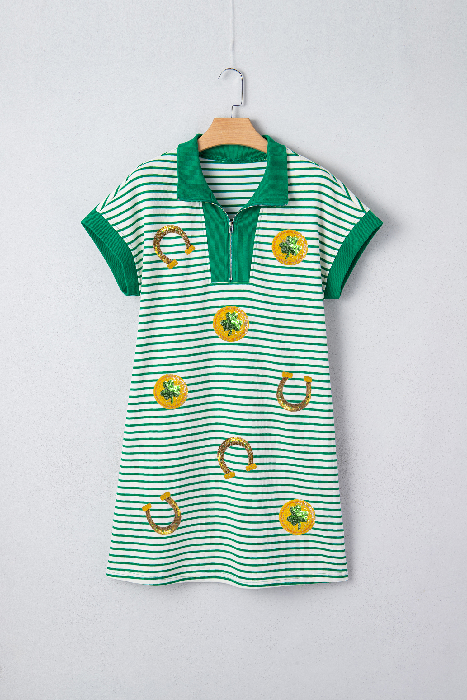 Green Stripe Magic St Patricks Day Sequin Graphic Zip Polo Tee Dress - loveforevers