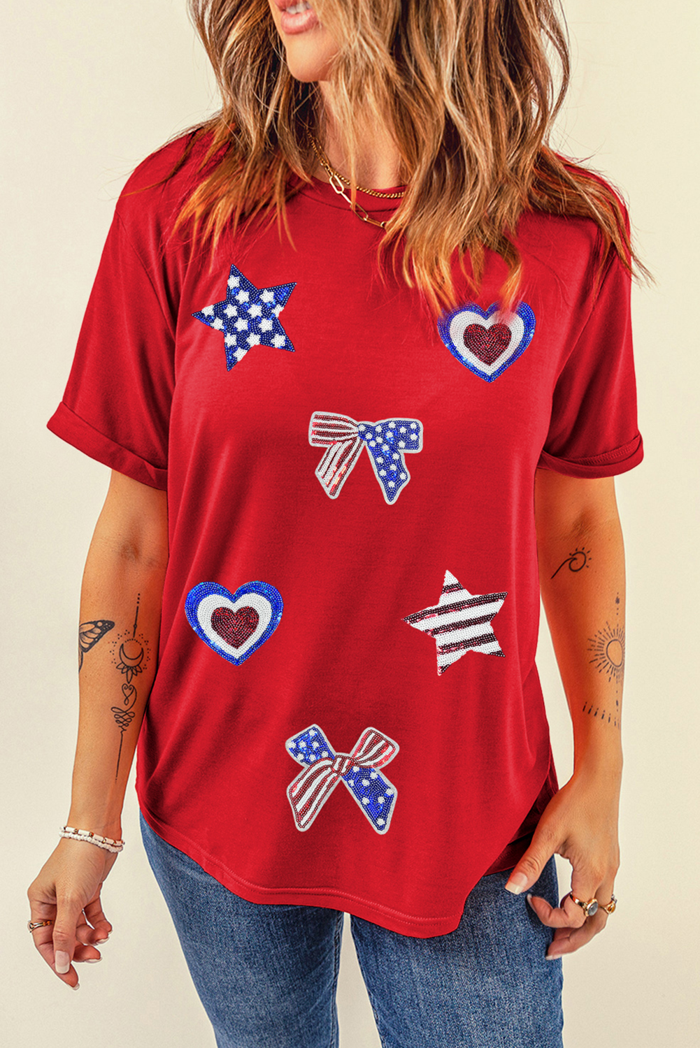 Red American Flag Inspired Sequined Pattern Crewneck Tee - loveforevers