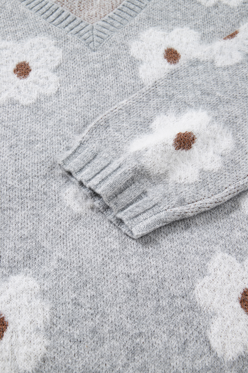 Gray Cute Flower Print V Neck Drop Shoulder Baggy Sweater - loveforevers