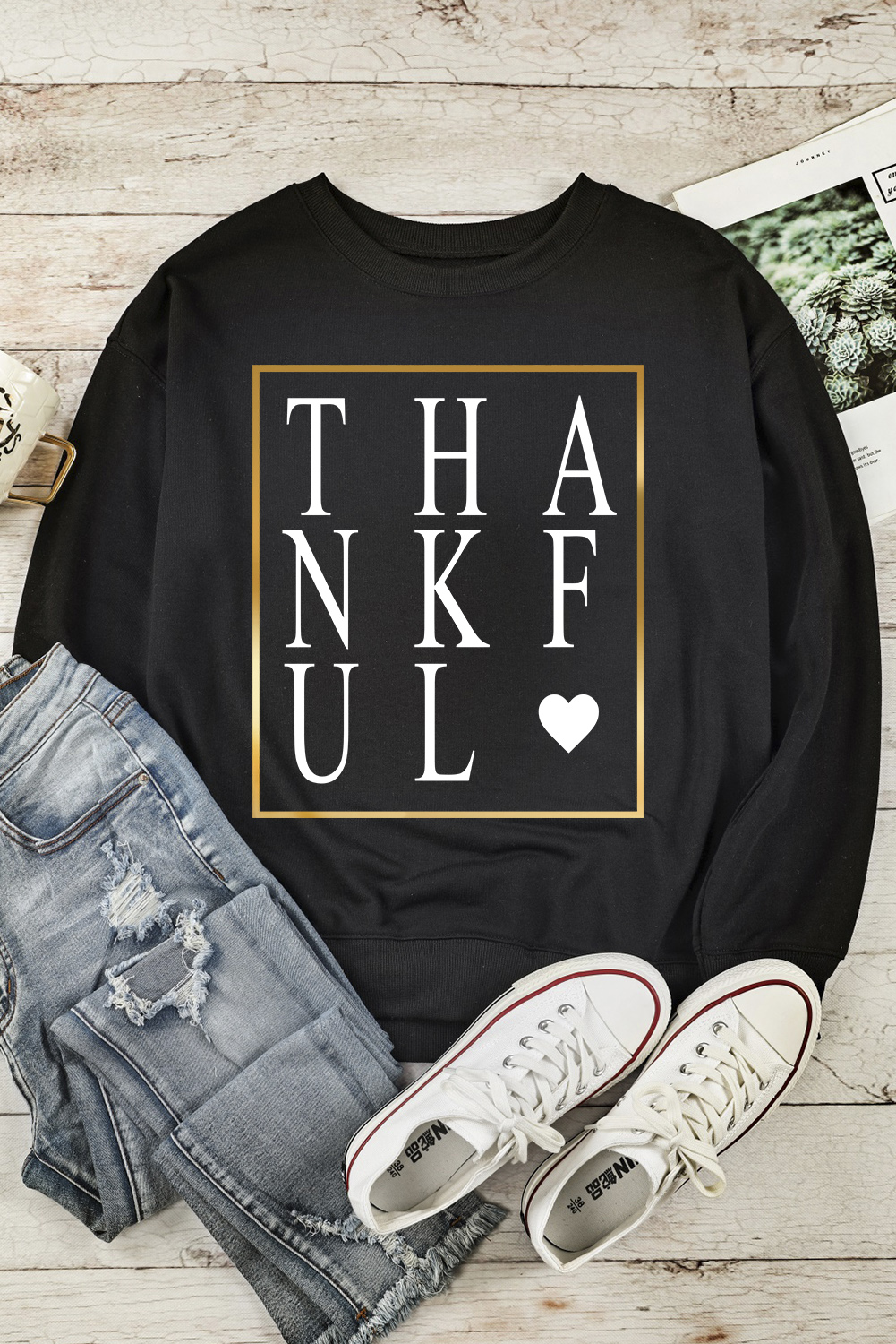 Black THANKFUL Heart Print Long Sleeve Sweatshirt - loveforevers