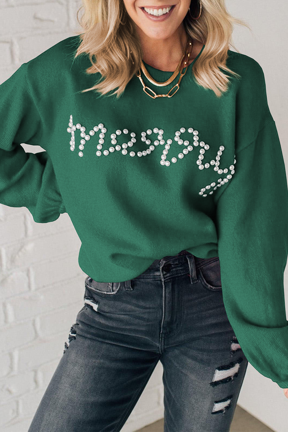 Blackish Green Pearl Beaded Merry Casual Sweater - loveforevers