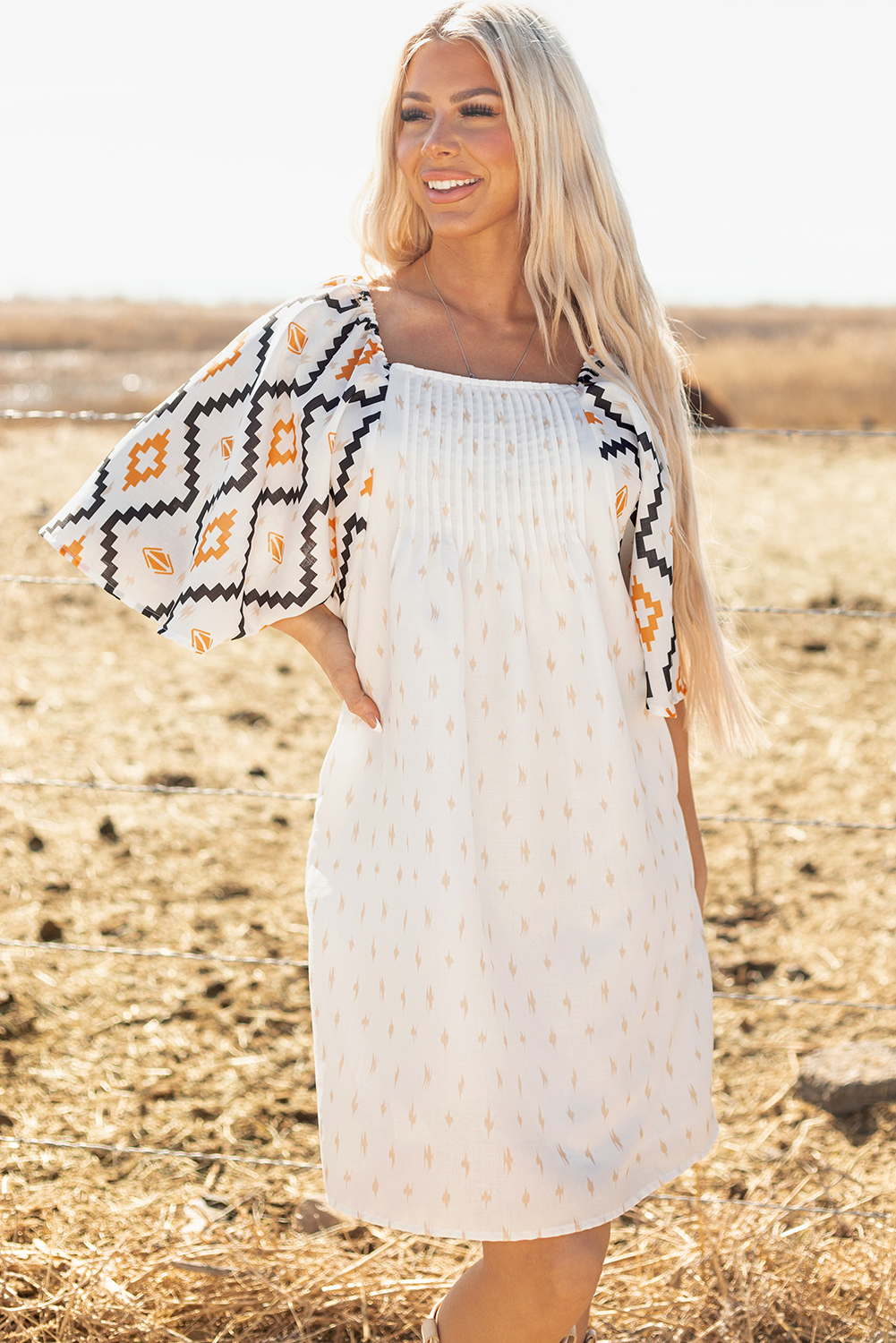 Beige Western Aztec Print Pleated Square Neck Loose Mini Dress - loveforevers