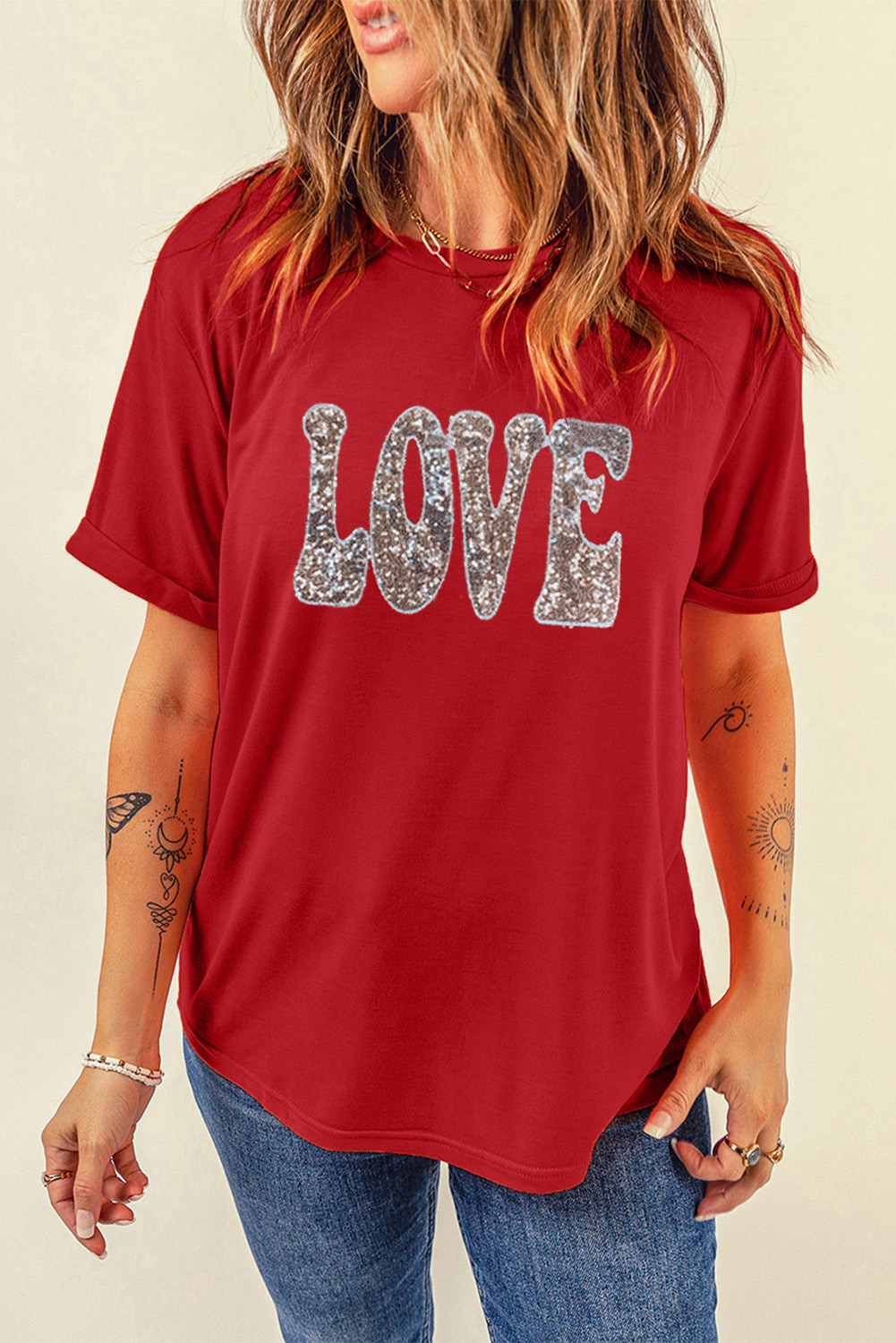 Red Leopard Striped Heart Shaped Print Crew Neck T Shirt - loveforevers