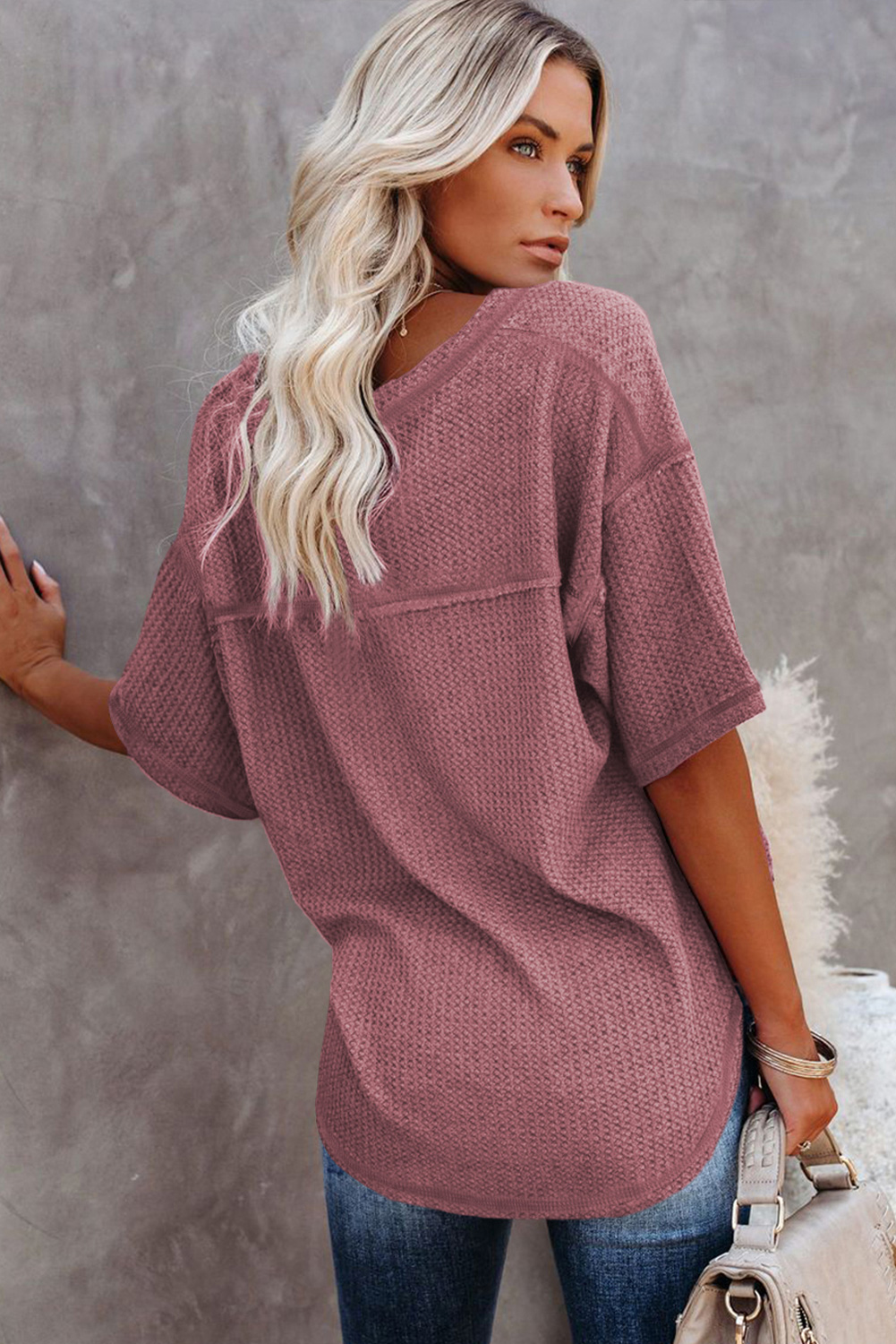 White Exposed Seam Half Sleeve Knitted V Neck Textured Top - loveforevers