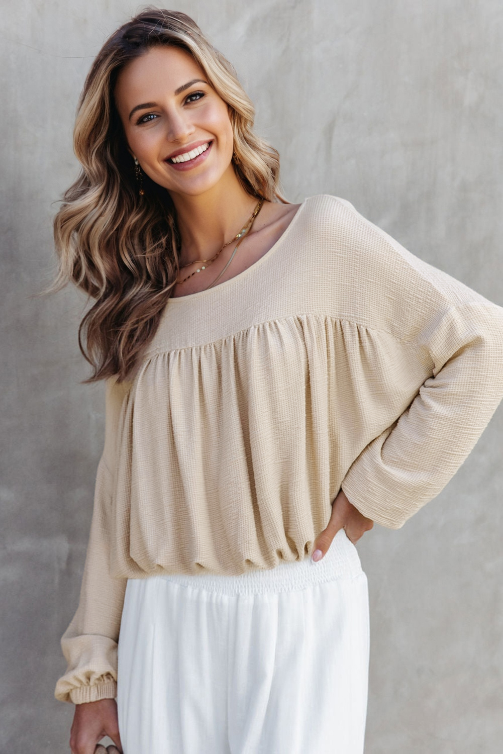 Jet Stream Textured Pleated Drop Shoulder Long Sleeve Knit Top - loveforevers