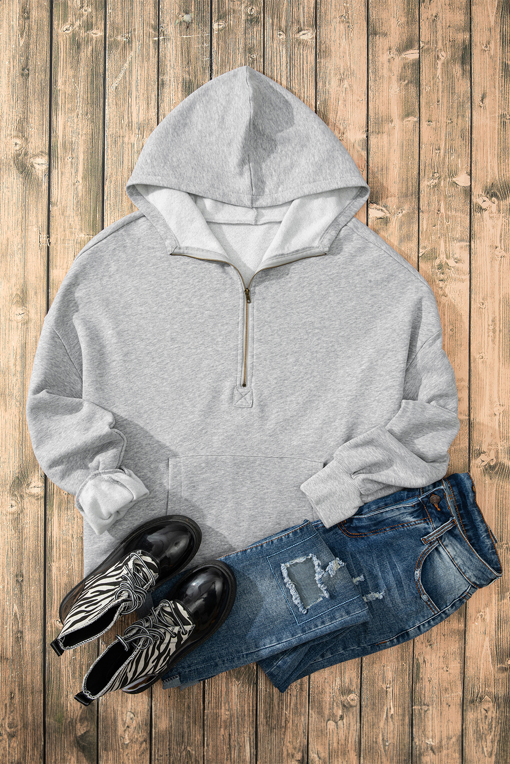 Bonbon Fleece Lined Half Zipper Kangaroo Pockets Loose Hoodie - loveforevers