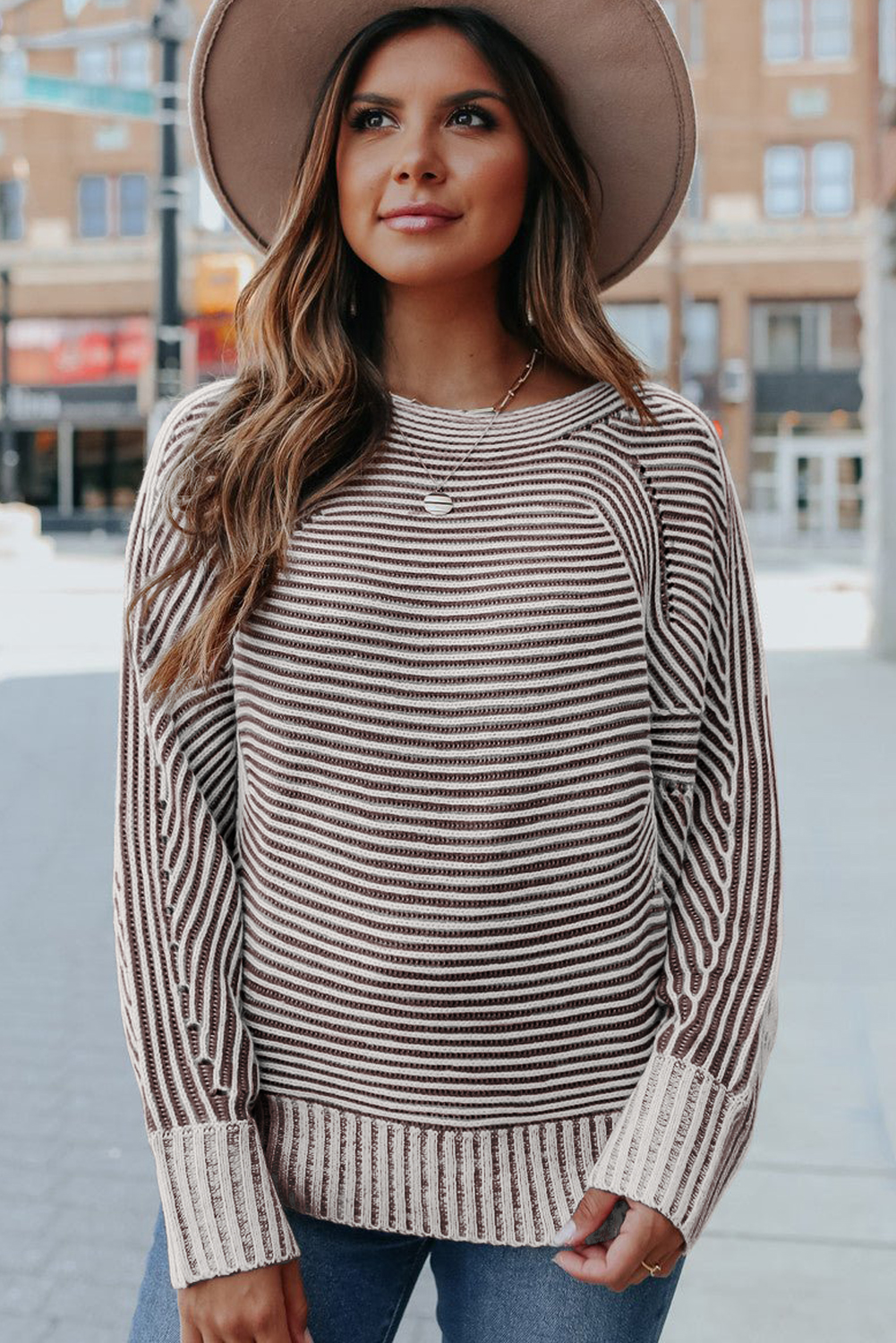 Coffee Striped Print Ribbed Knit Boat Neck Baggy Sweater - loveforevers