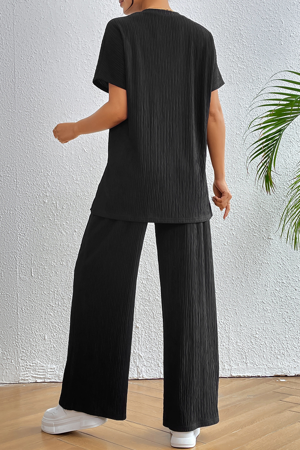 Black Ribbed Texture Side Split Loose Tee and Pants Set - loveforevers