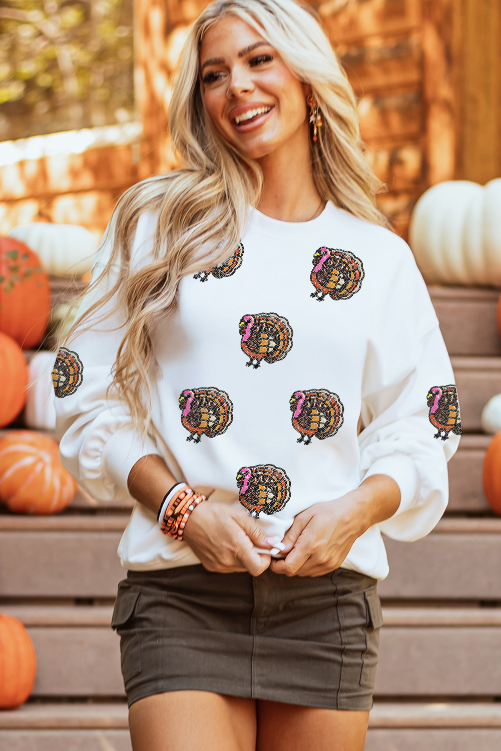 White Thanksgiving Turkey Sequin Patched Pullover Sweatshirt - loveforevers