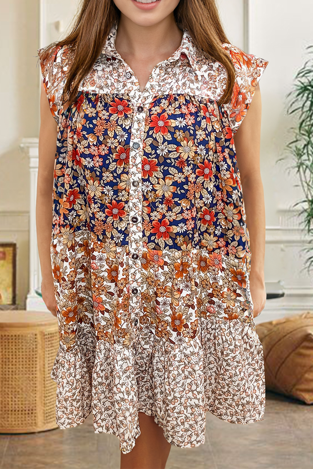Beige Plus Size Floral Patchwork Button Front Collared Mini Dress - loveforevers