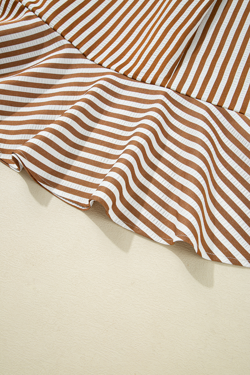 Brown Stripe Ruffled Hem Collared Long Sleeve Shirt Mini Dress - loveforevers