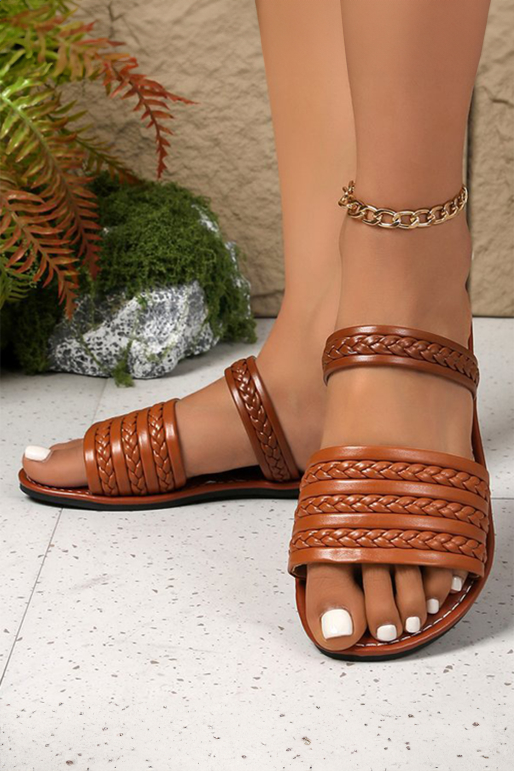 Coffee Woven Band Faux Leather Flat Slippers - loveforevers